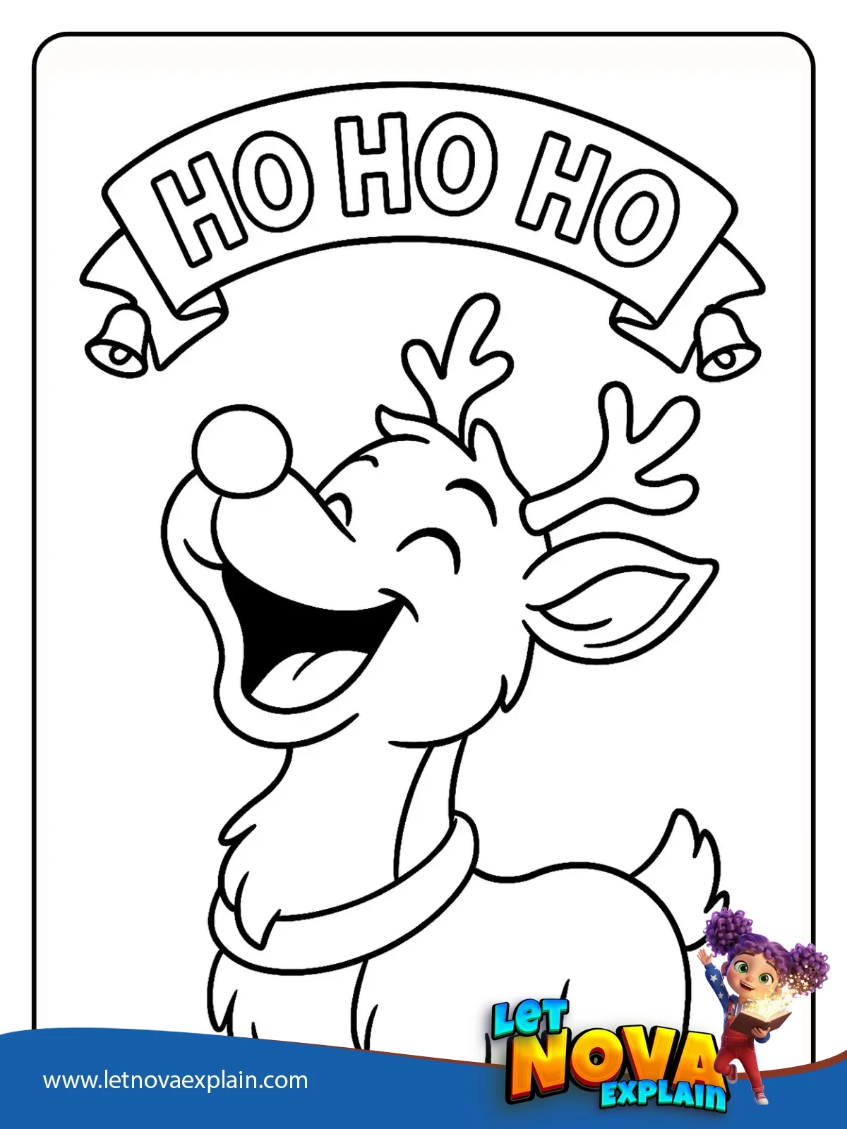Rudolph with Ho Ho Ho Text Banner coloring — Printable PDF