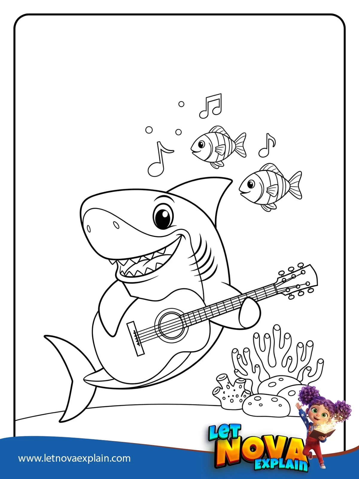 Guitar strumming Shark by the Reef coloring — Printable PDF