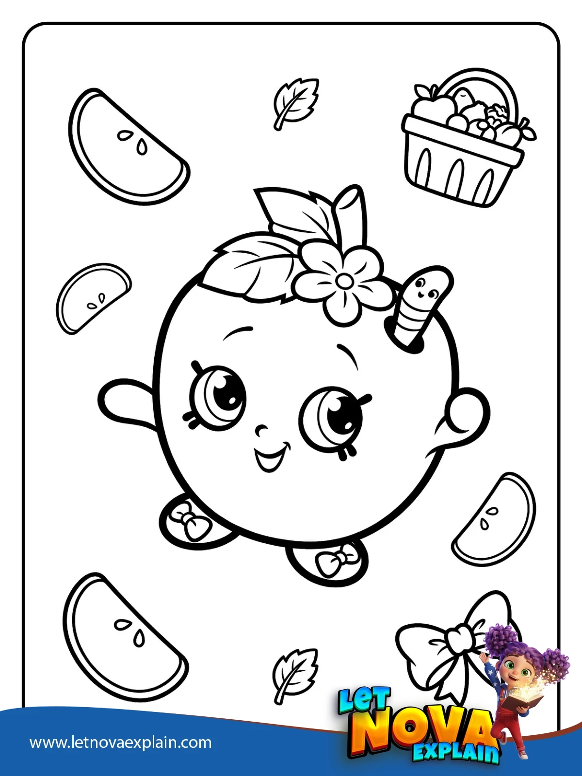 Apple Blossom with Floating Fruit Friends coloring — PDF imprimable