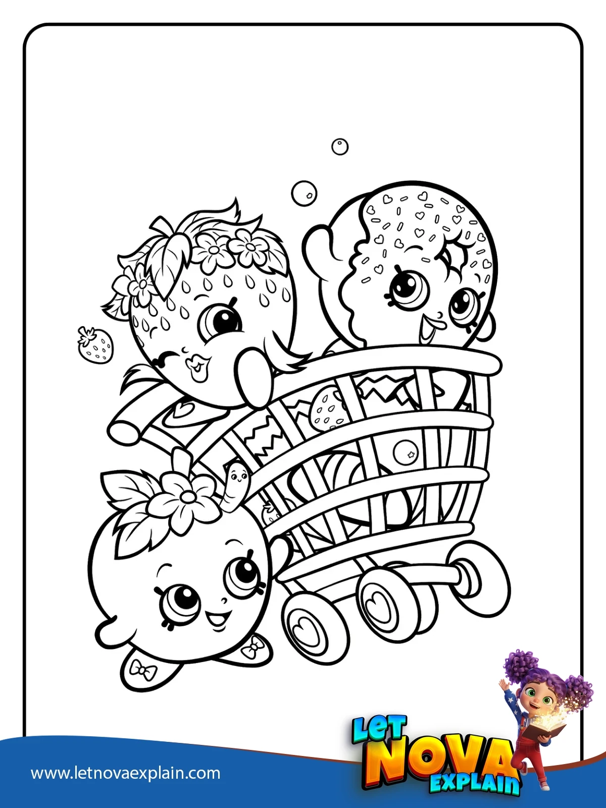 Cute Shopkins Friends in a Shopping Cart coloring — PDF imprimable