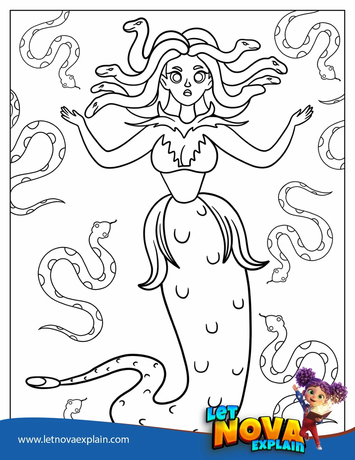Cartoon Medusa With Snake Body — Coloring page