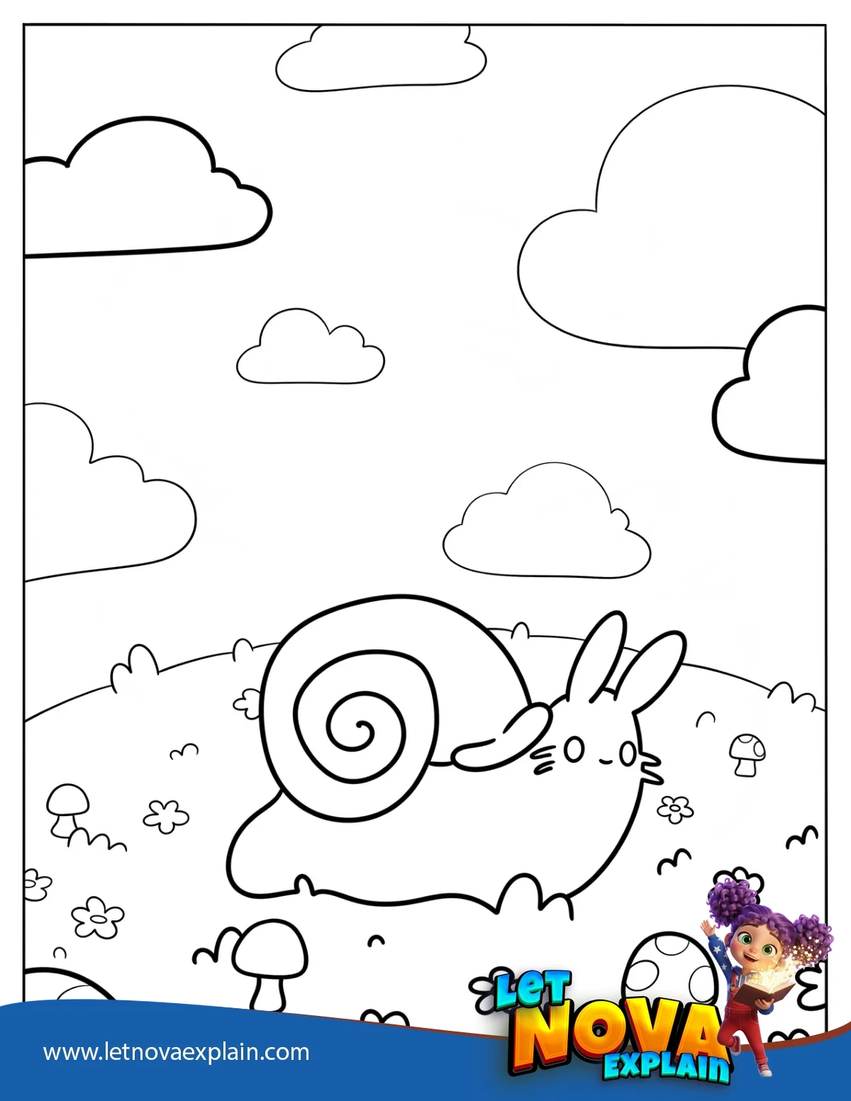 Easy Snake Crossing Hill With Mushrooms Coloring Page For Kids — Coloring page
