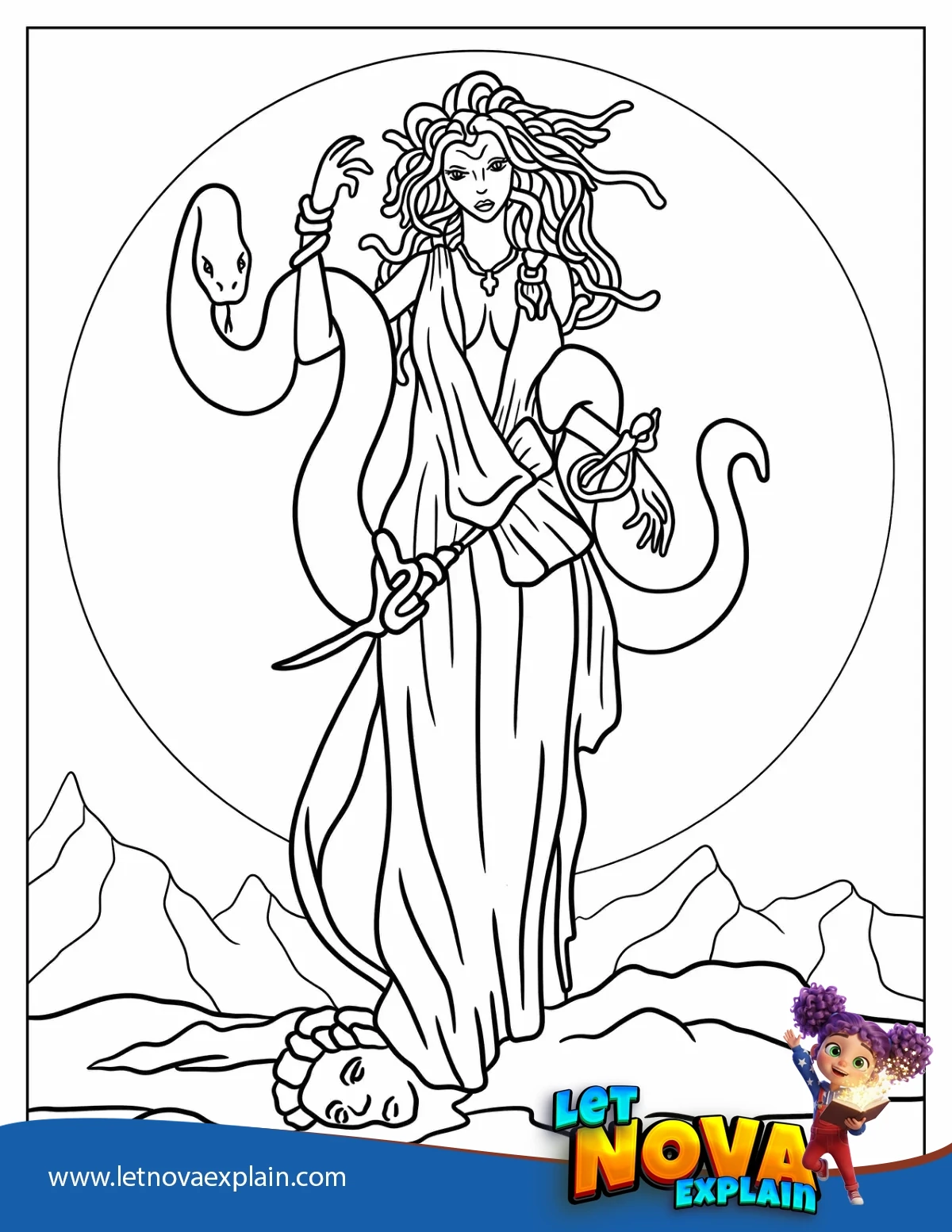 Medusia With Giant Snake Standing On Man Who Turned To Stone — Coloring page