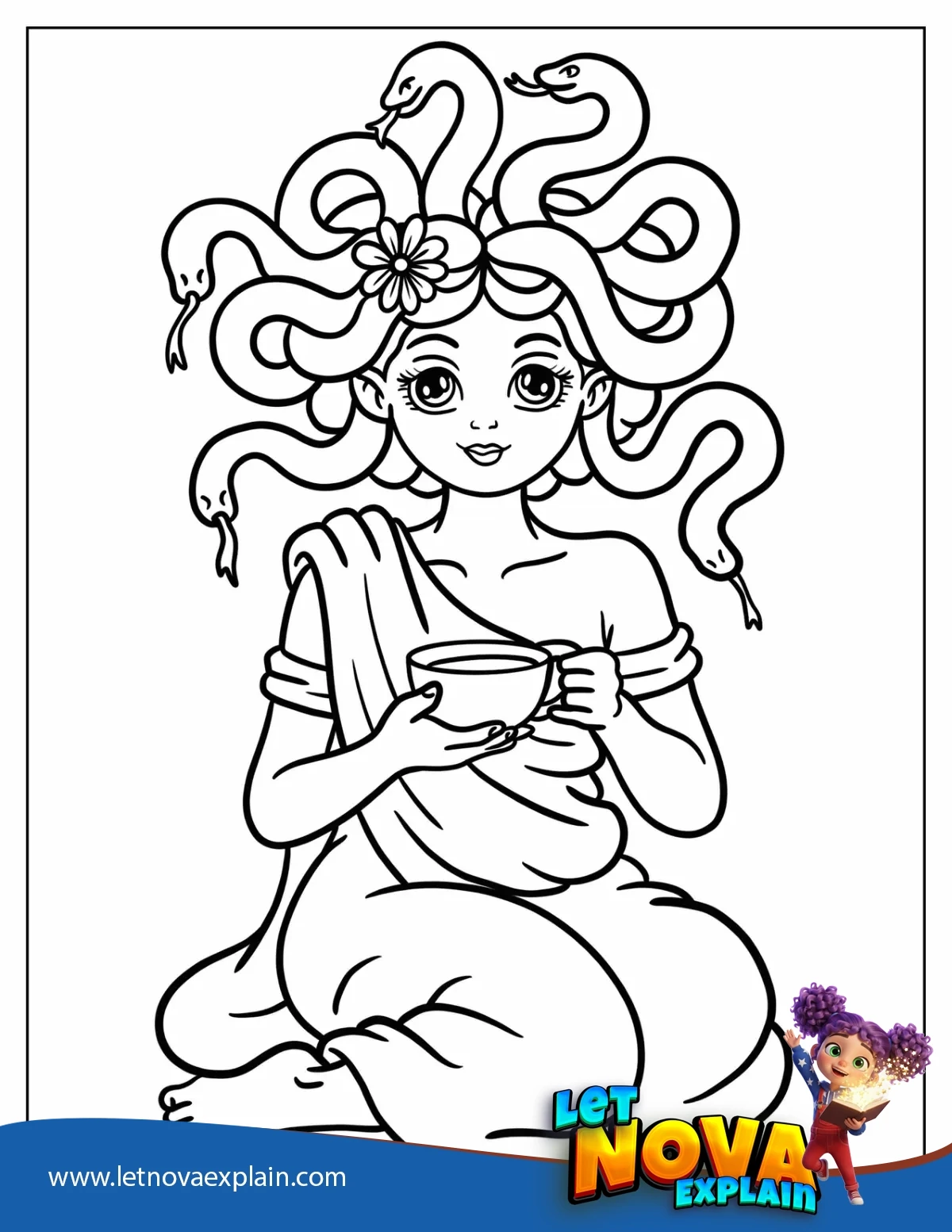 Peaceful Medusa Drinking Tea with Snake Hair and Flower Crown Coloring Page for Kids — Coloring page