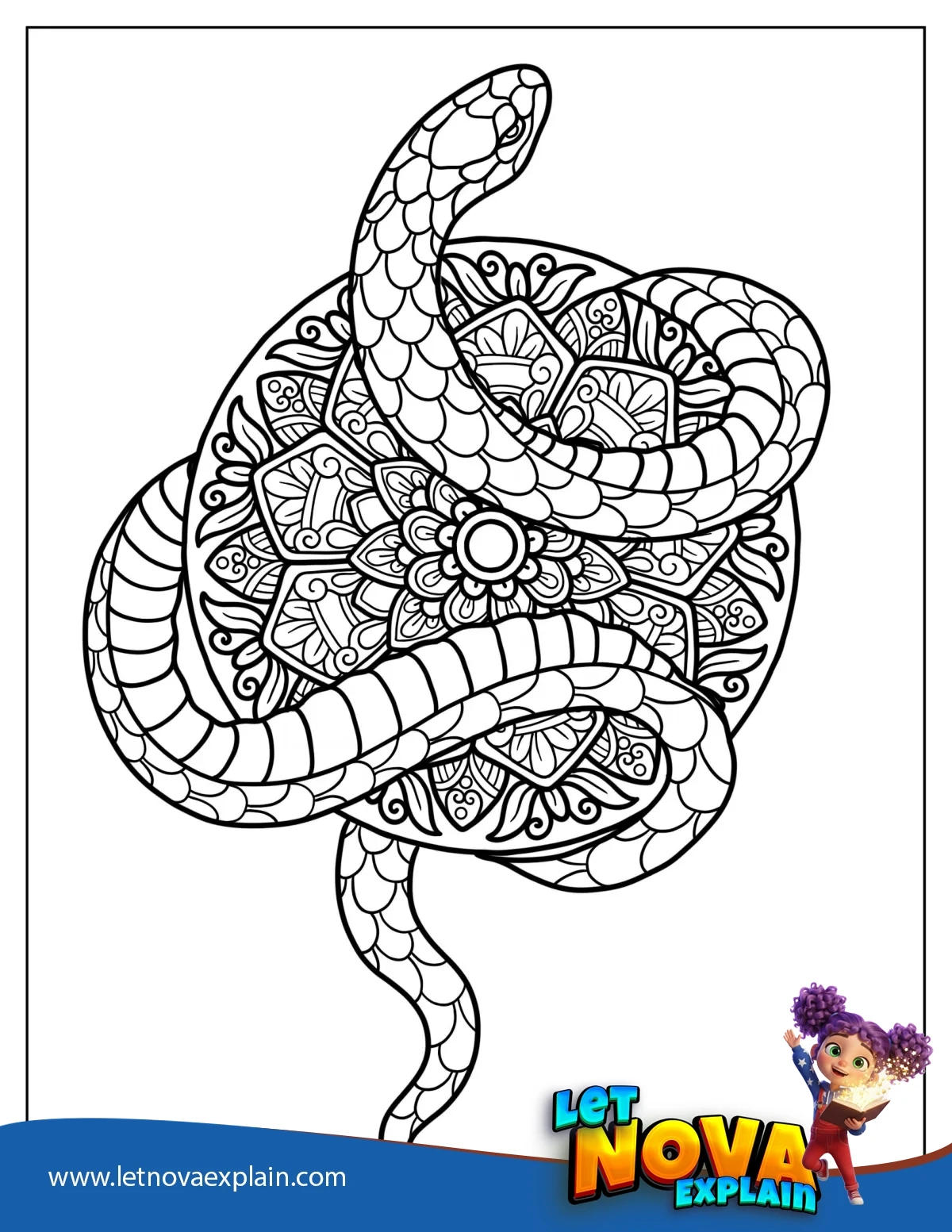Snake Wrapping Around a Mandala To Color — Coloring page