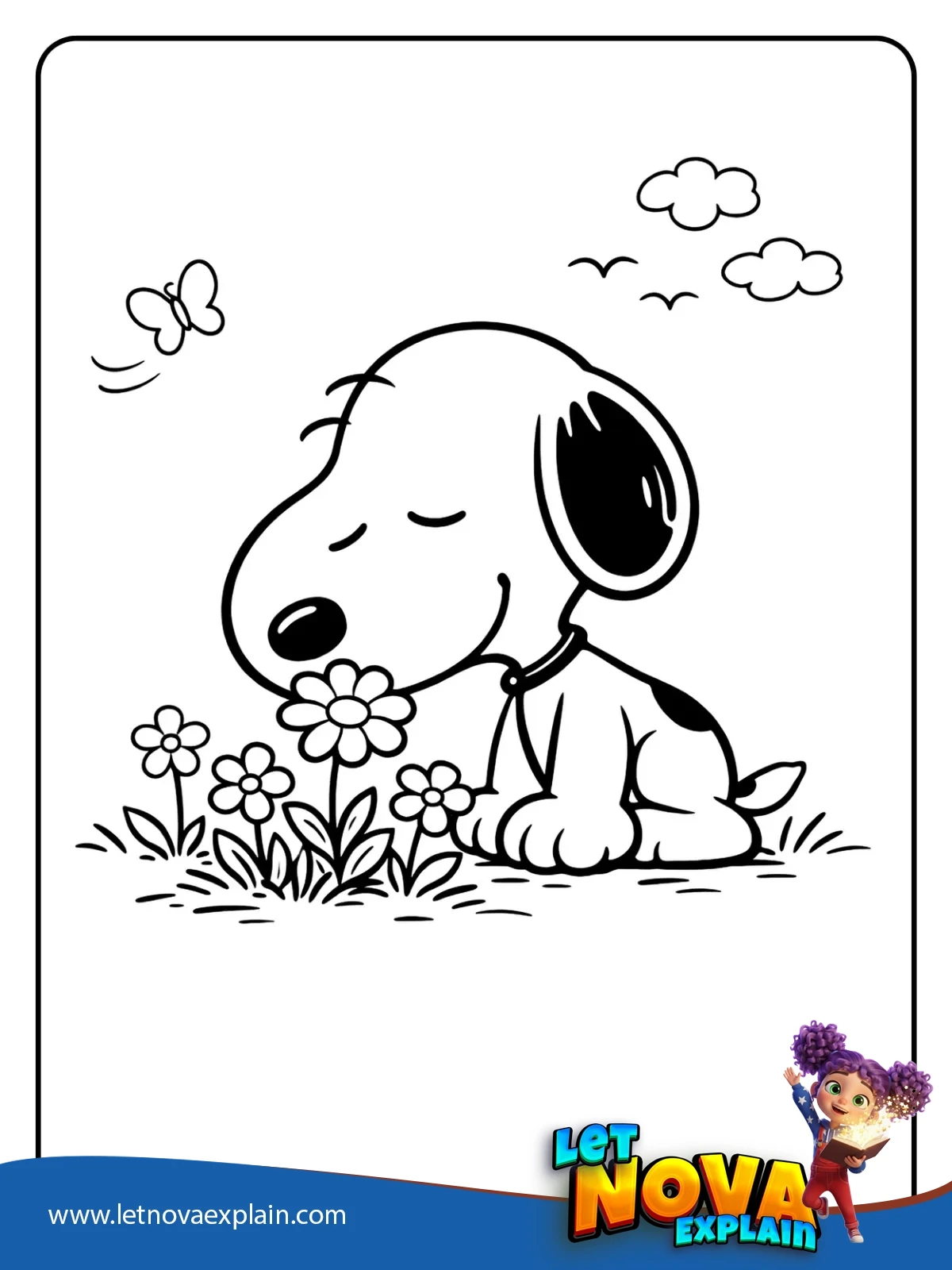 Snoopy Smelling Flowers coloring — PDF stampabile