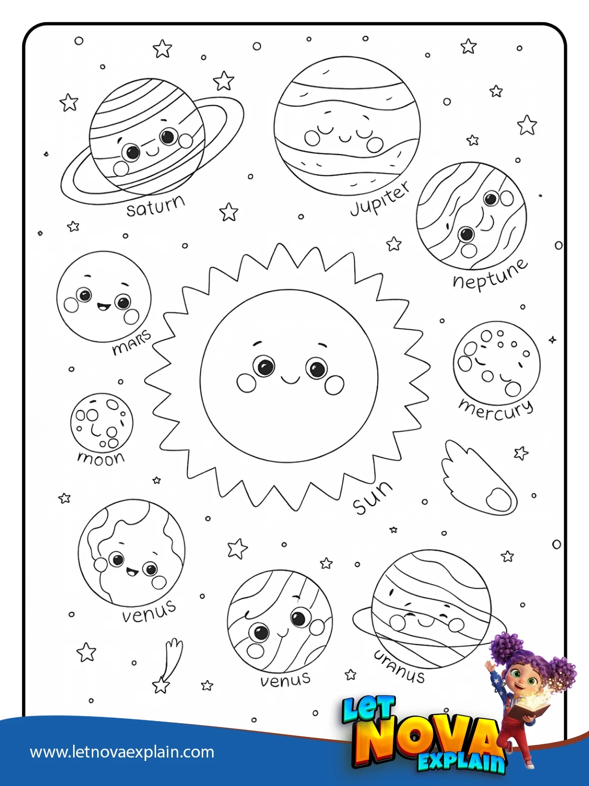 Cute and Happy Solar System coloring — Printable PDF