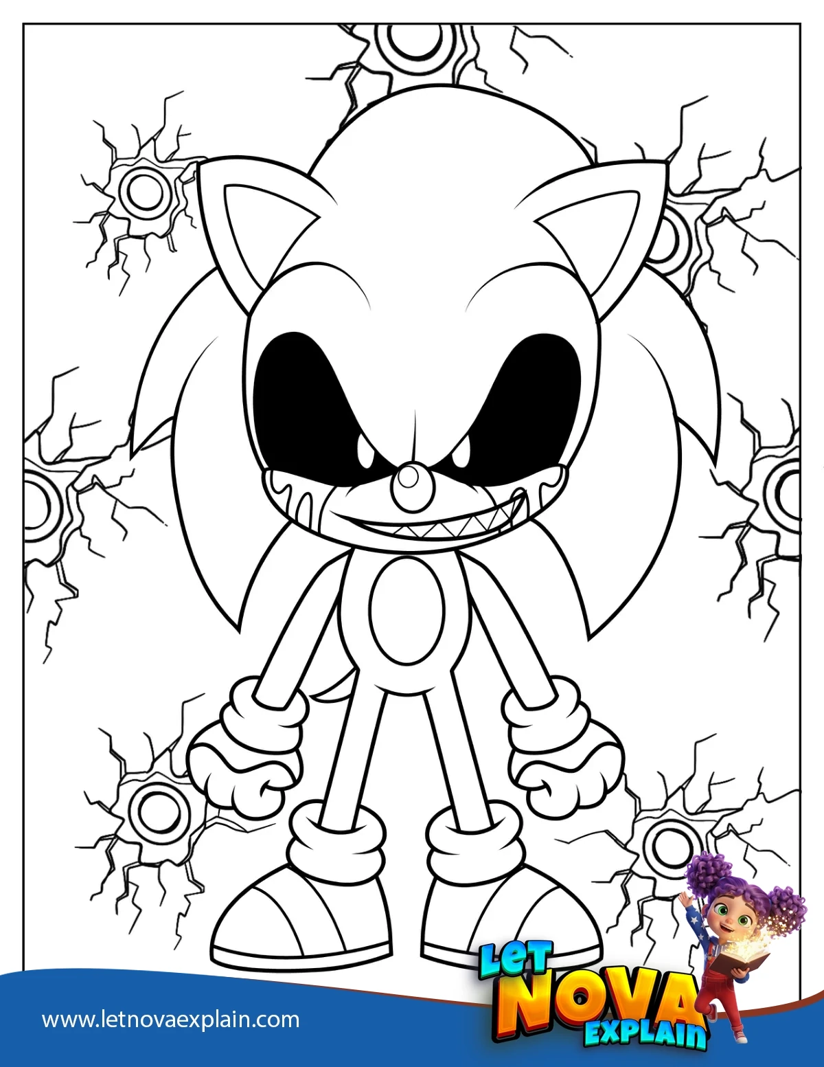 Chibi Sonic Exe In Front Of Broken Wall Coloring Sheet — Printable PDF