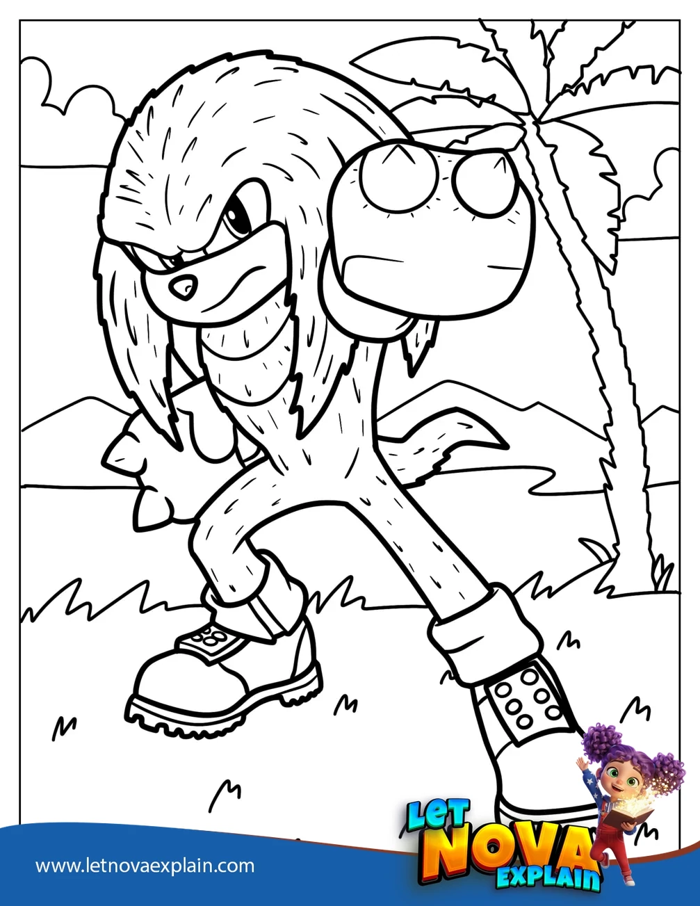 Detailed Knuckles Standing In The Beach Coloring Page — Coloring page