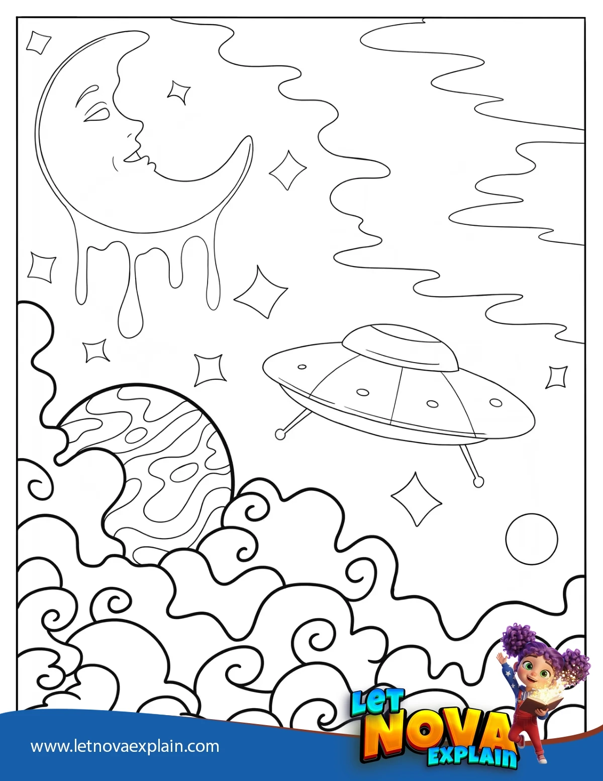 Alien Spaceship In Outer Space Sci Fi Aesthetic Coloring Sheet — Page de coloriage