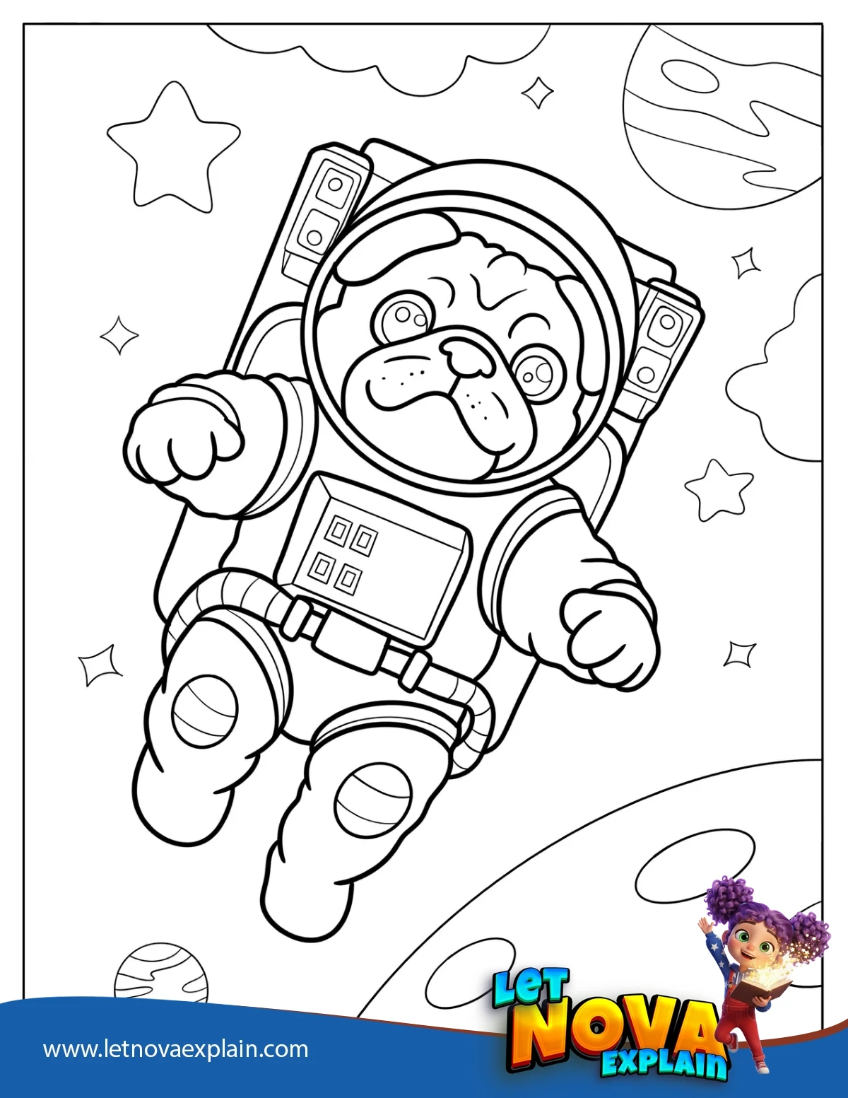 Astronaut Pug Floating in Outer Space — Page de coloriage