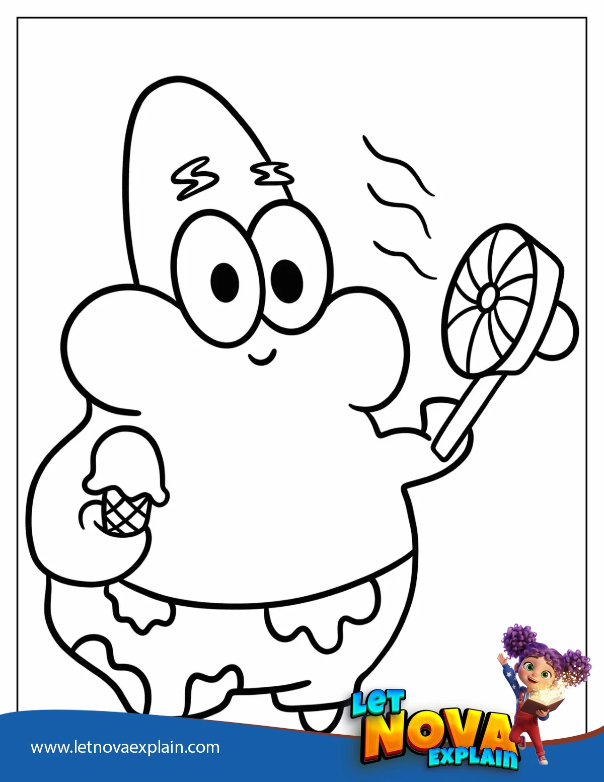 Cute Patrick Star Holding Fan And Ice Cream Coloring Page — PDF stampabile
