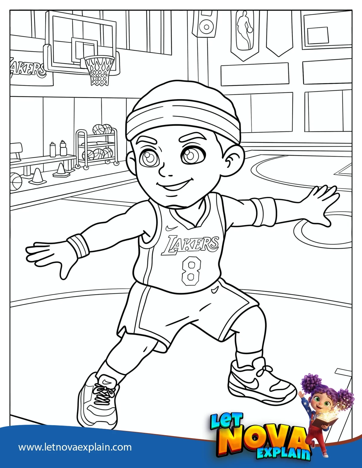 Anime Kobe Bryant on a Basketball Court Coloring Page for Kids — Printable PDF