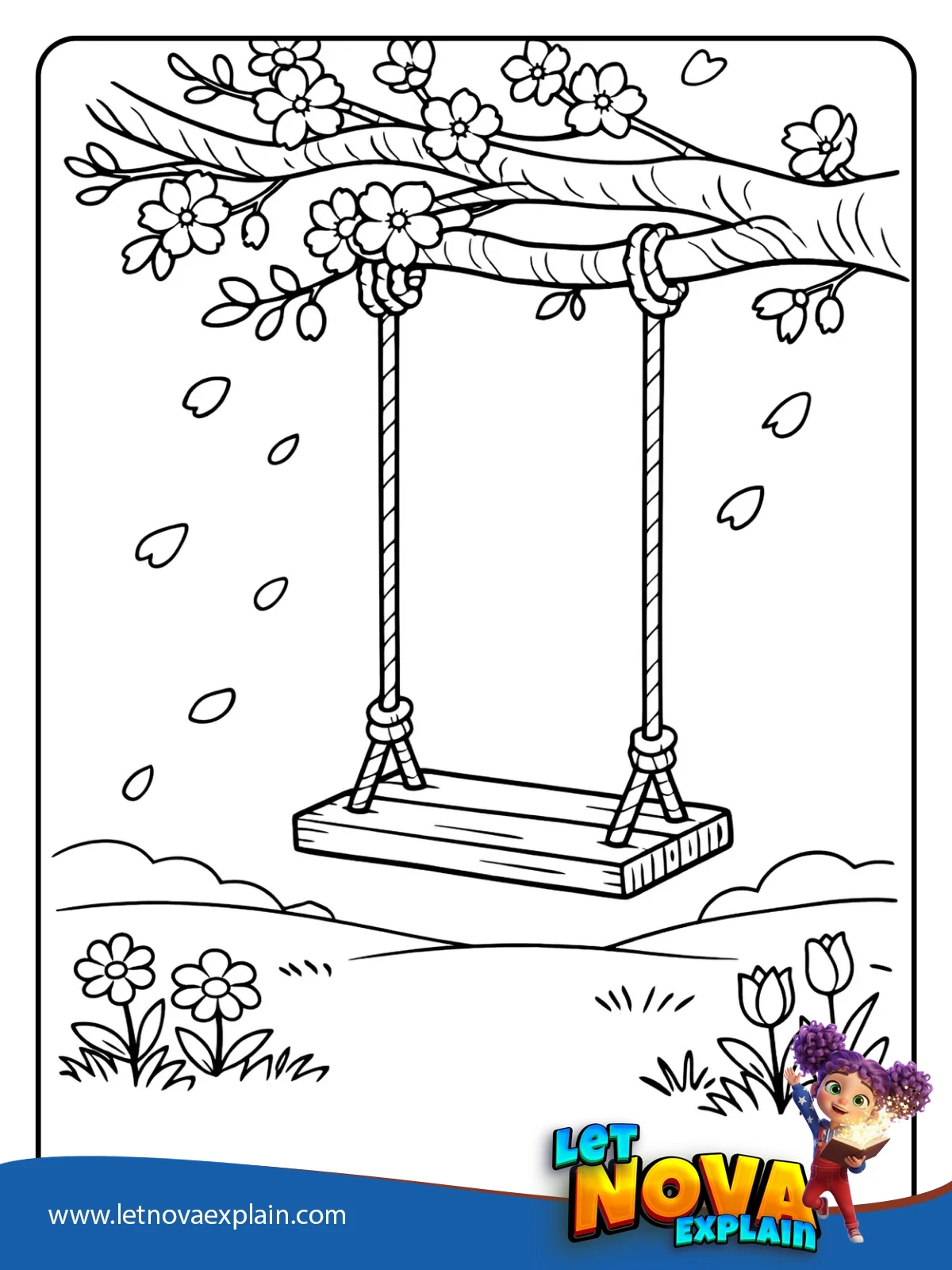 Spring Swing Under Blossoms coloring — Page de coloriage