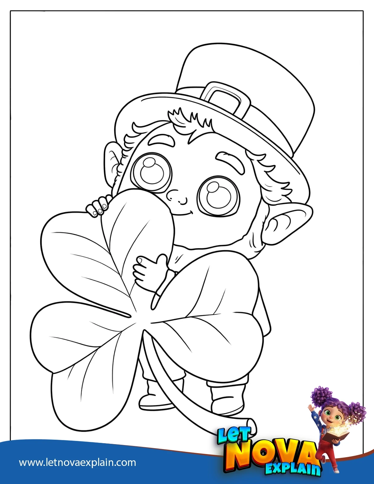 Adorable Leprechaun Hugging a Shamrock Coloring Page for Kids — Page de coloriage