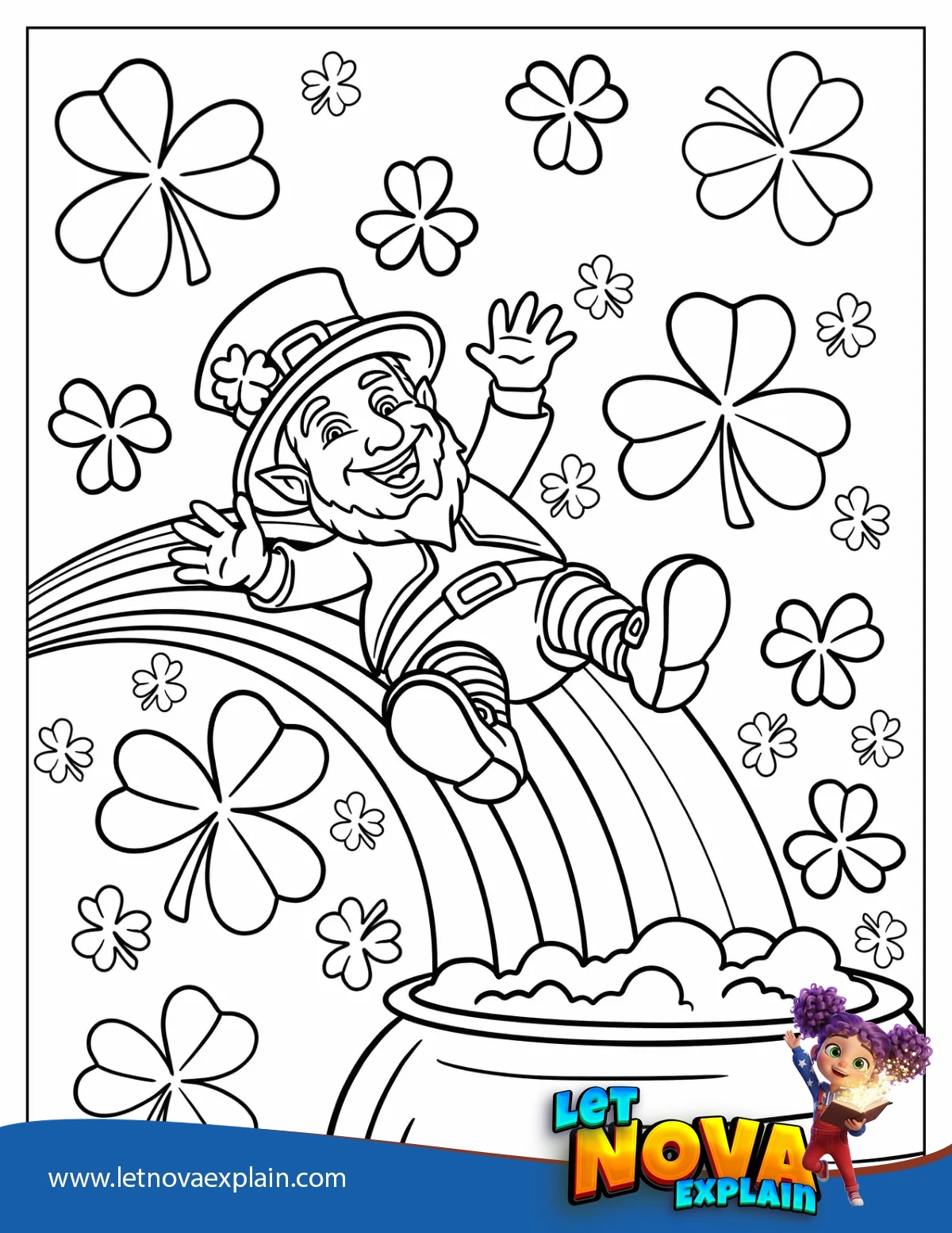 Chibi Leprechaun Sliding Down A Rainbow To A Pot Of Gold Coloring Sheet — Page de coloriage