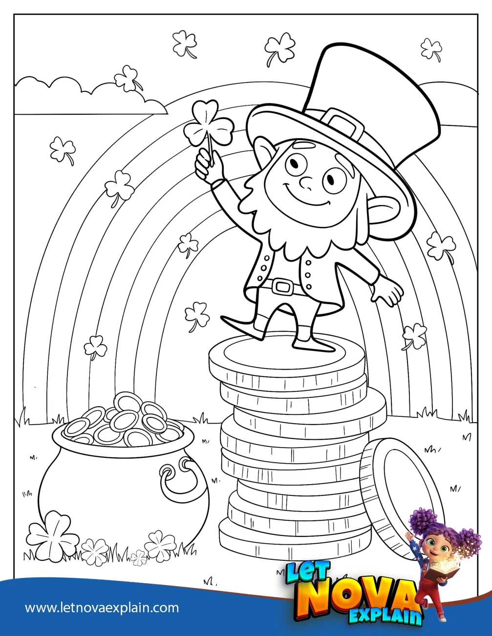 Tiny Leprechaun Standing On Stack of Gold Coins — Página para colorear