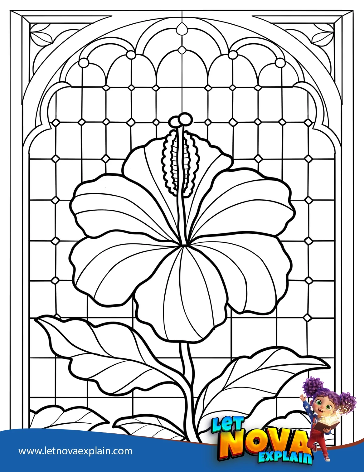 Beautiful Geometric Hibiscus Stained Glass Coloring Page — Disegno da colorare
