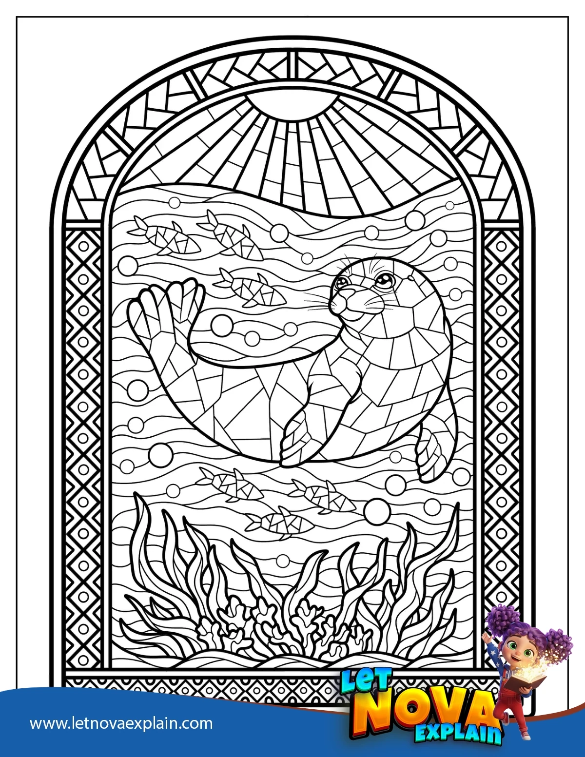 Elegant Stained Glass of a Seal Underwater — Disegno da colorare