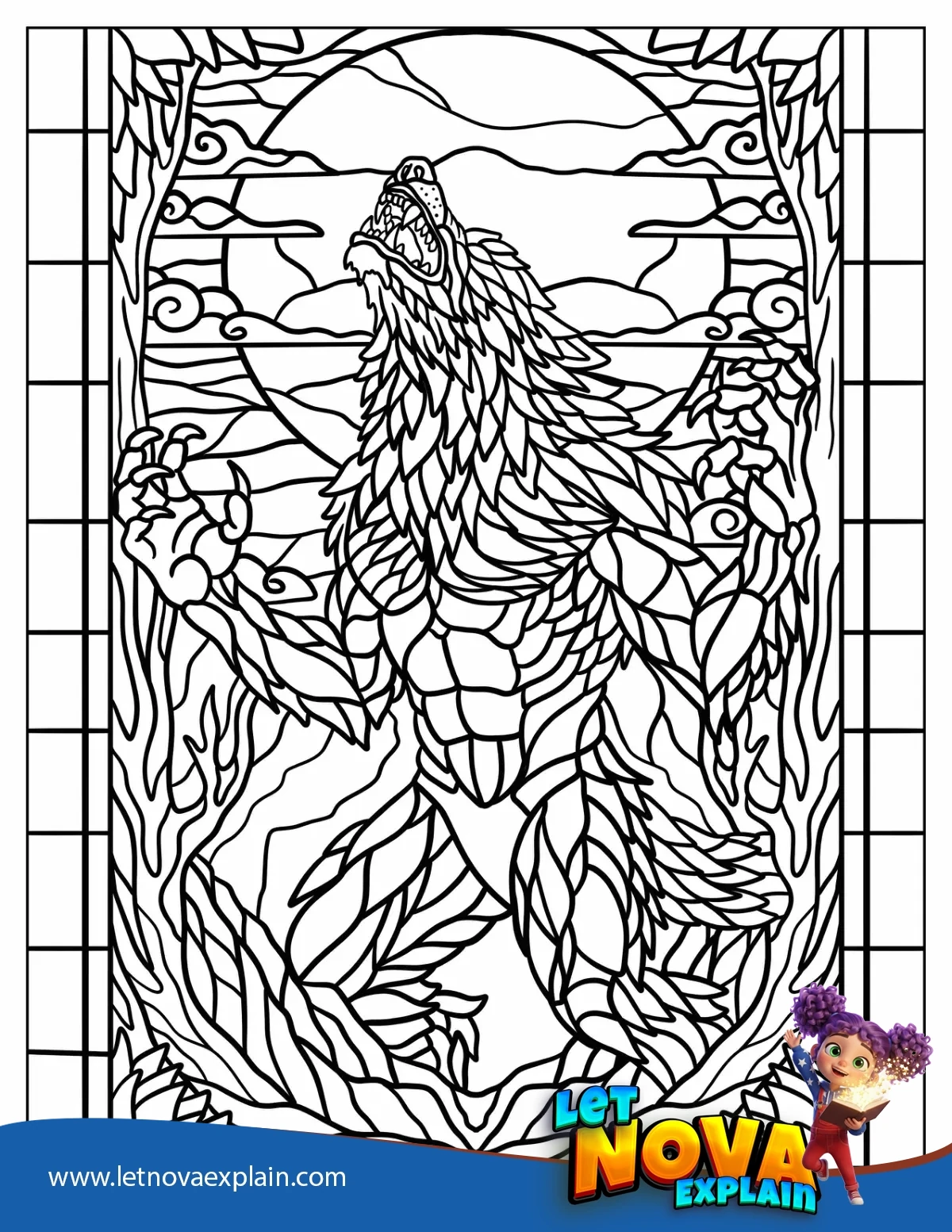 Howling Werewolf in the Woods Stained Glass with Full Moon and Clouds Background — Disegno da colorare