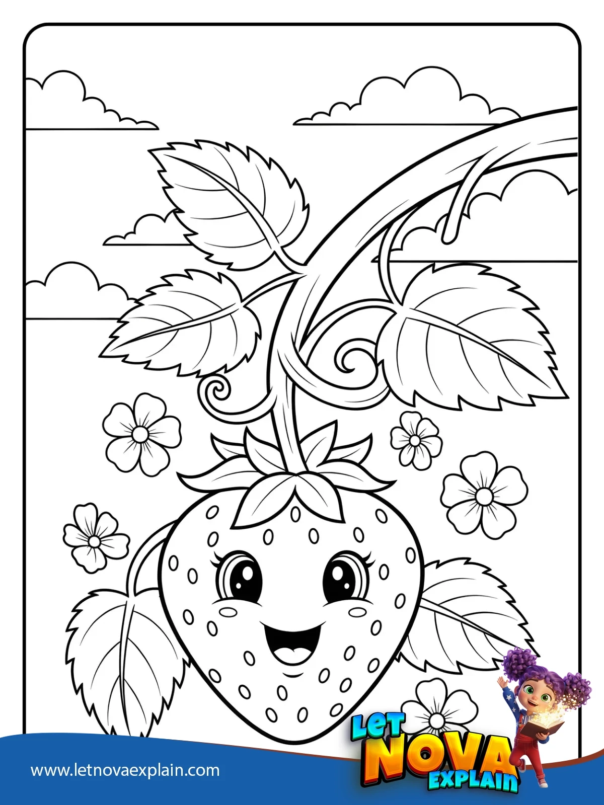 Cute Strawberry Hanging on a Vine coloring — Printable PDF