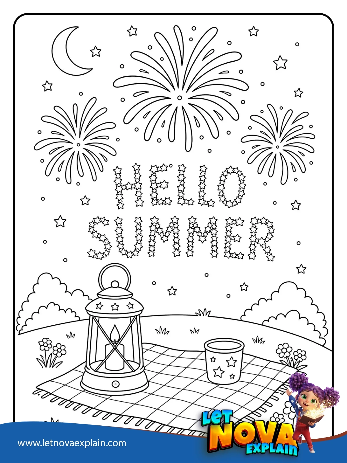 Hello Summer Fireworks coloring — Printable PDF
