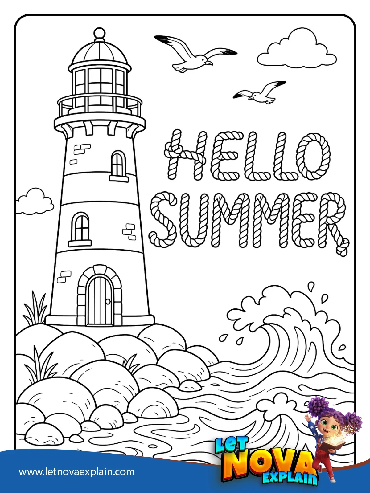 Hello Summer Lighthouse coloring — Printable PDF