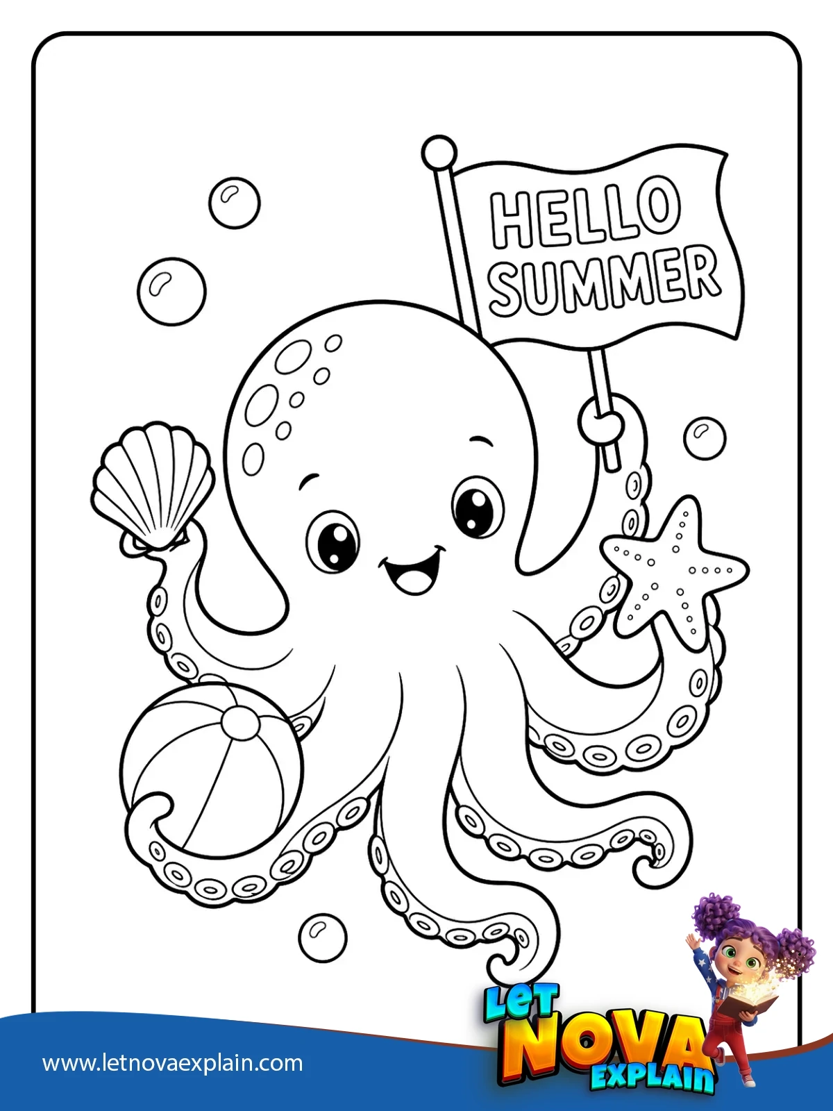 Hello Summer Octopus coloring — Printable PDF