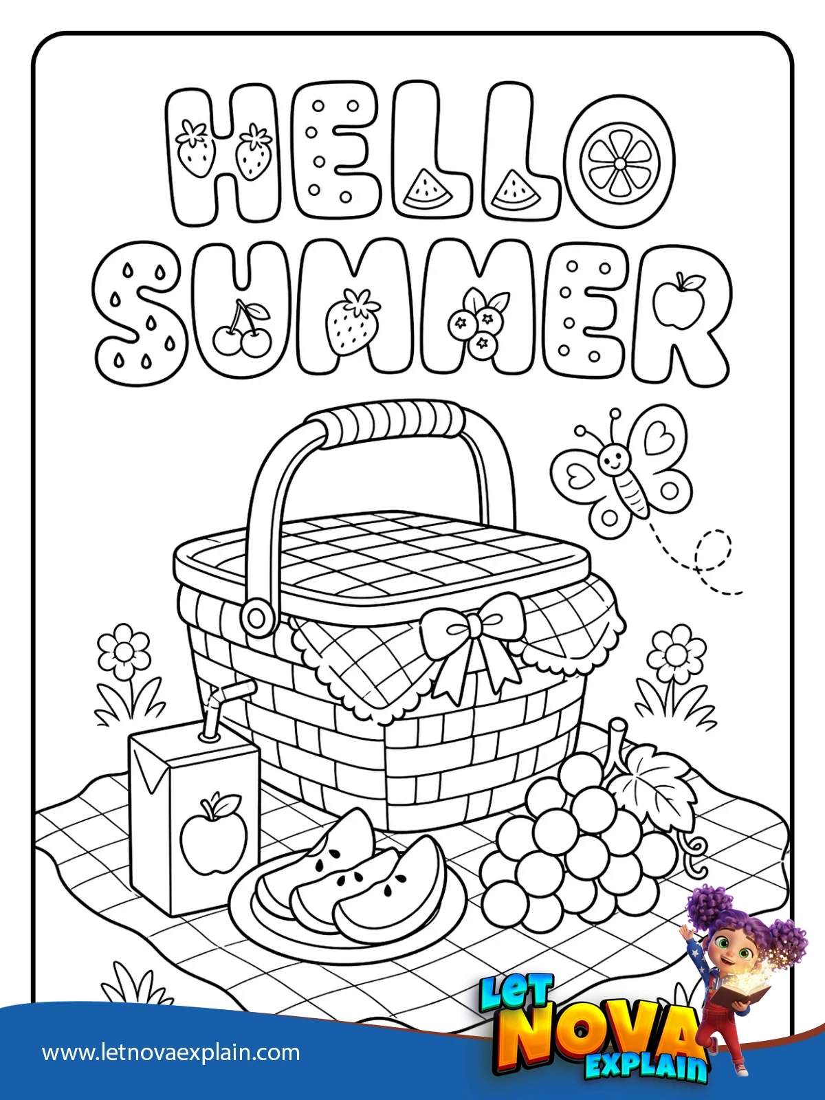 Hello Summer Picnic coloring — Printable PDF