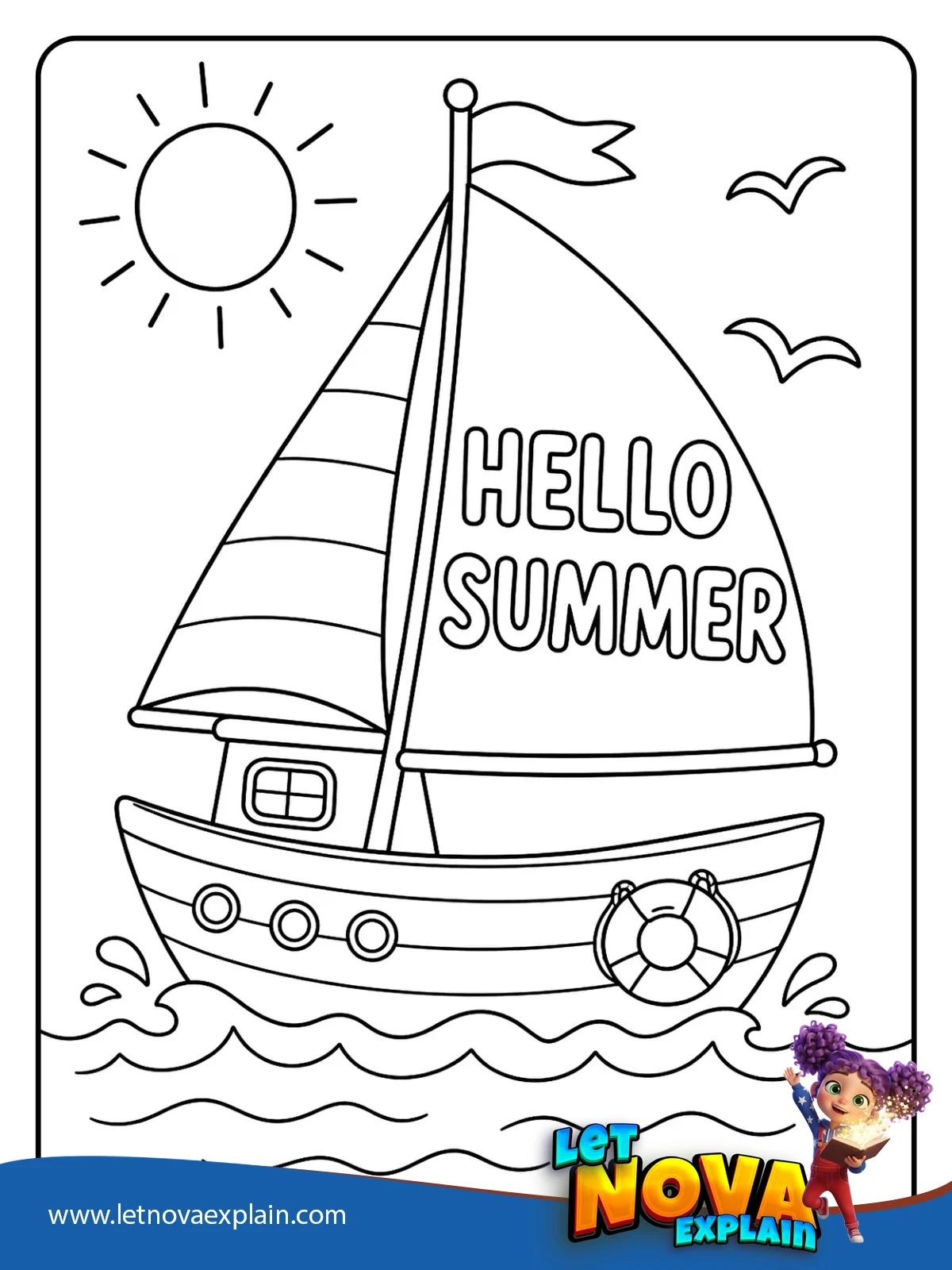 Hello Summer Sailboat coloring — Printable PDF