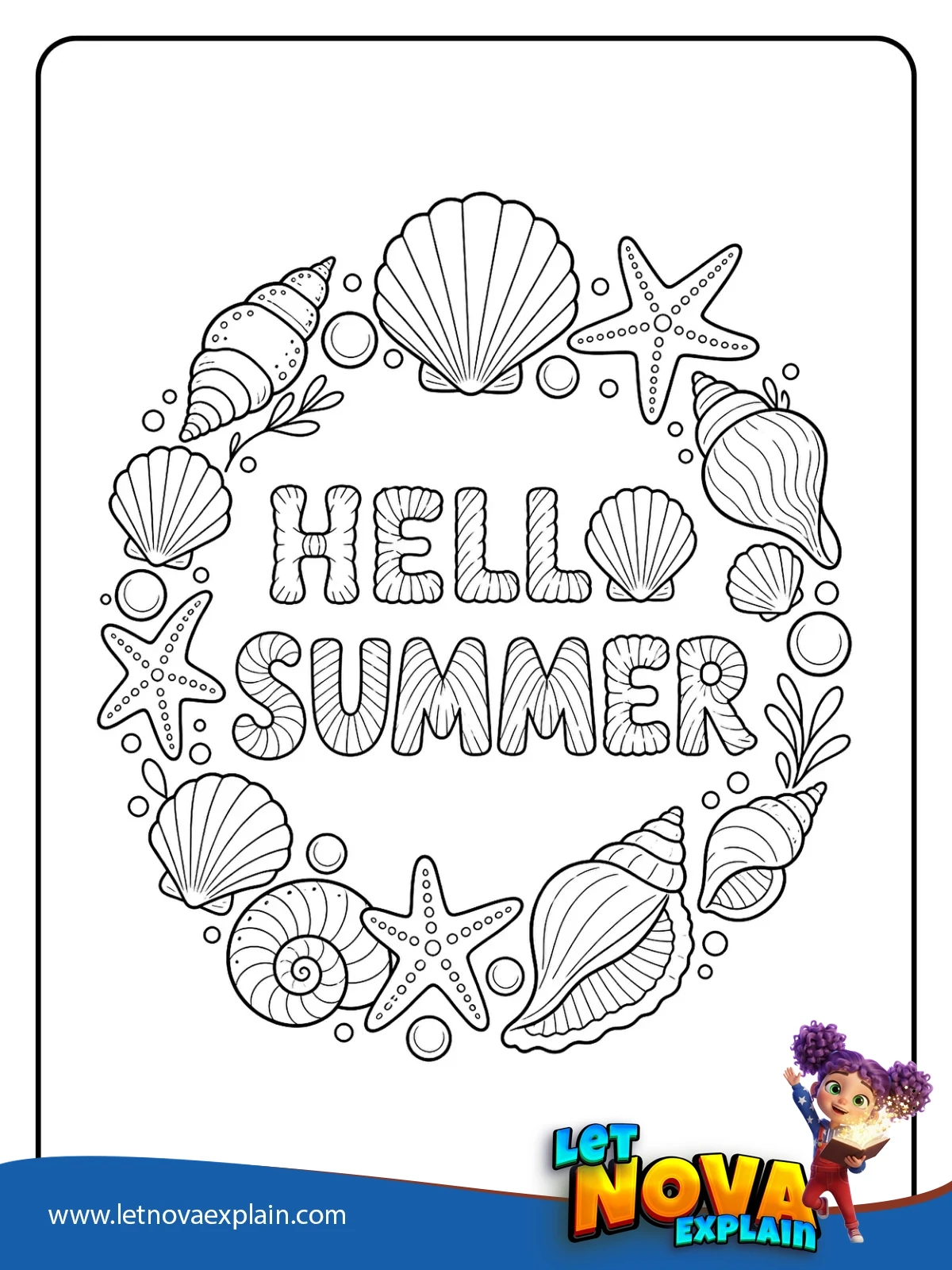 Hello Summer Seashell Wreath coloring — Printable PDF