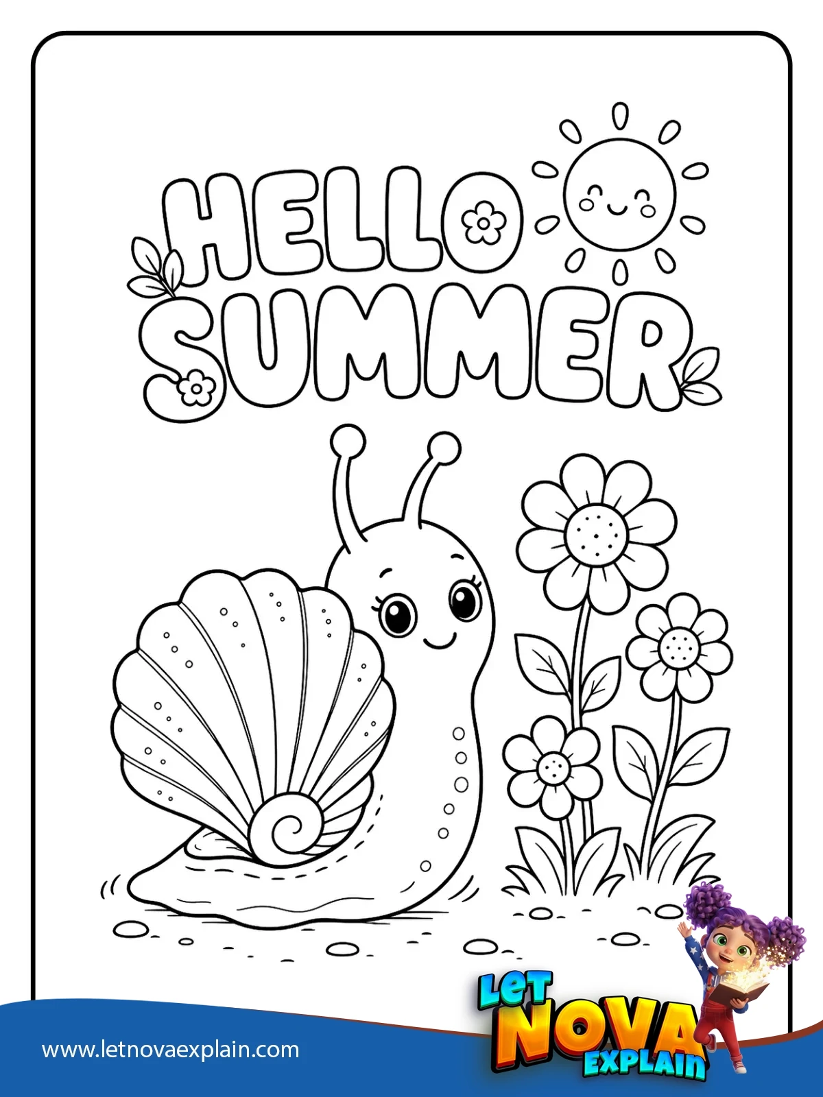Hello Summer Snail coloring — Printable PDF