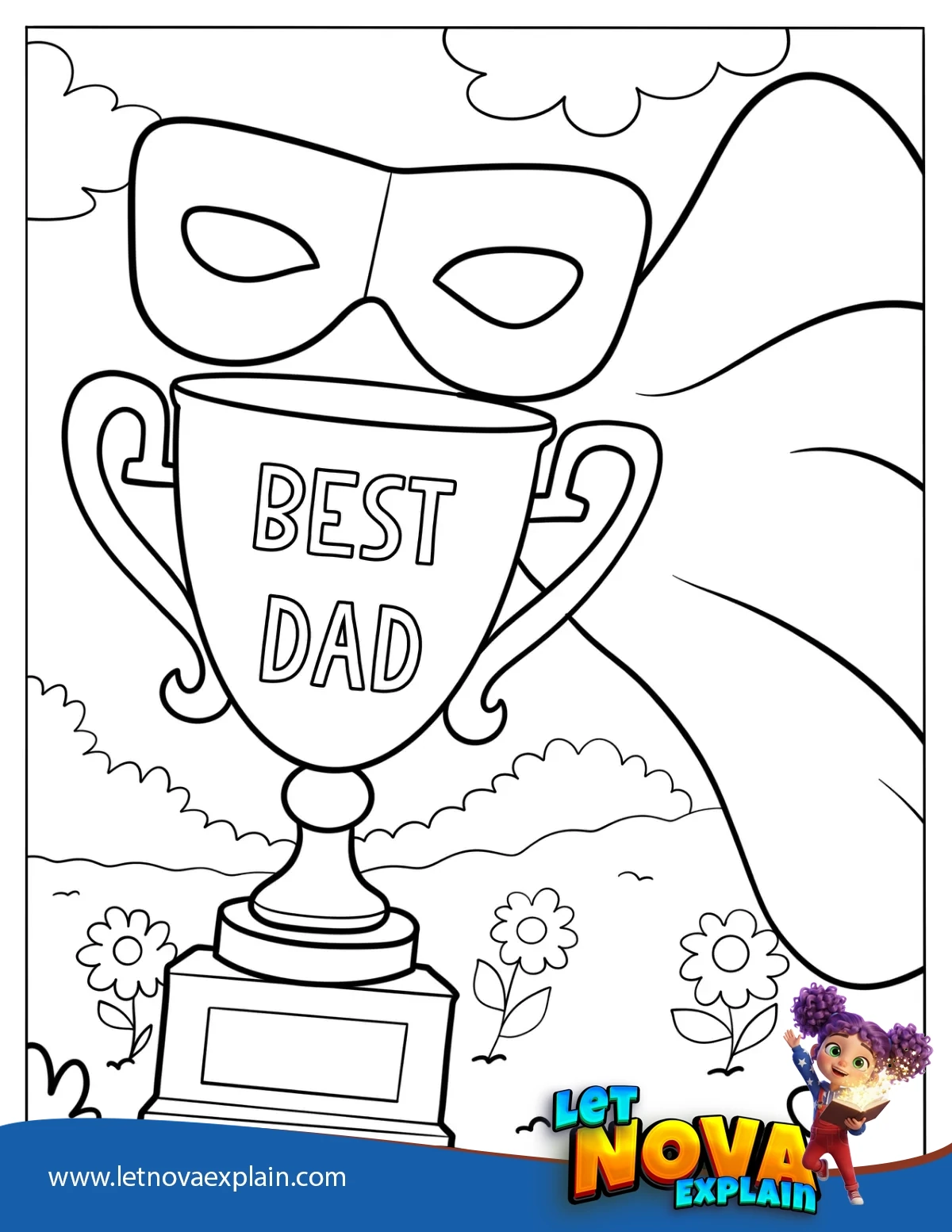 Best Dad Trophy With Mask And Superhero Cape Coloring Page — PDF stampabile