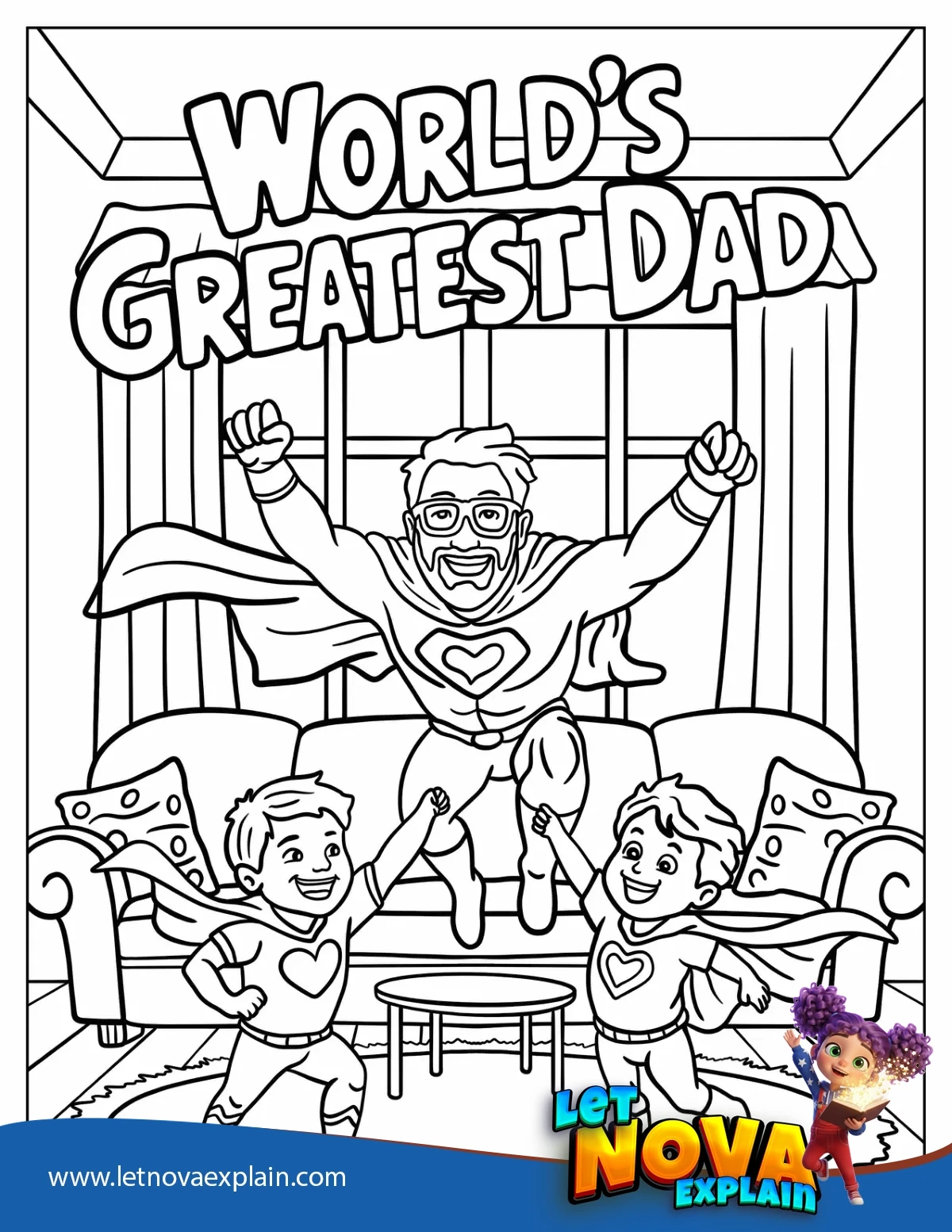 Worlds Greatest Dad Flying In The Living Room With Kids In Superhero Capes — Disegno da colorare