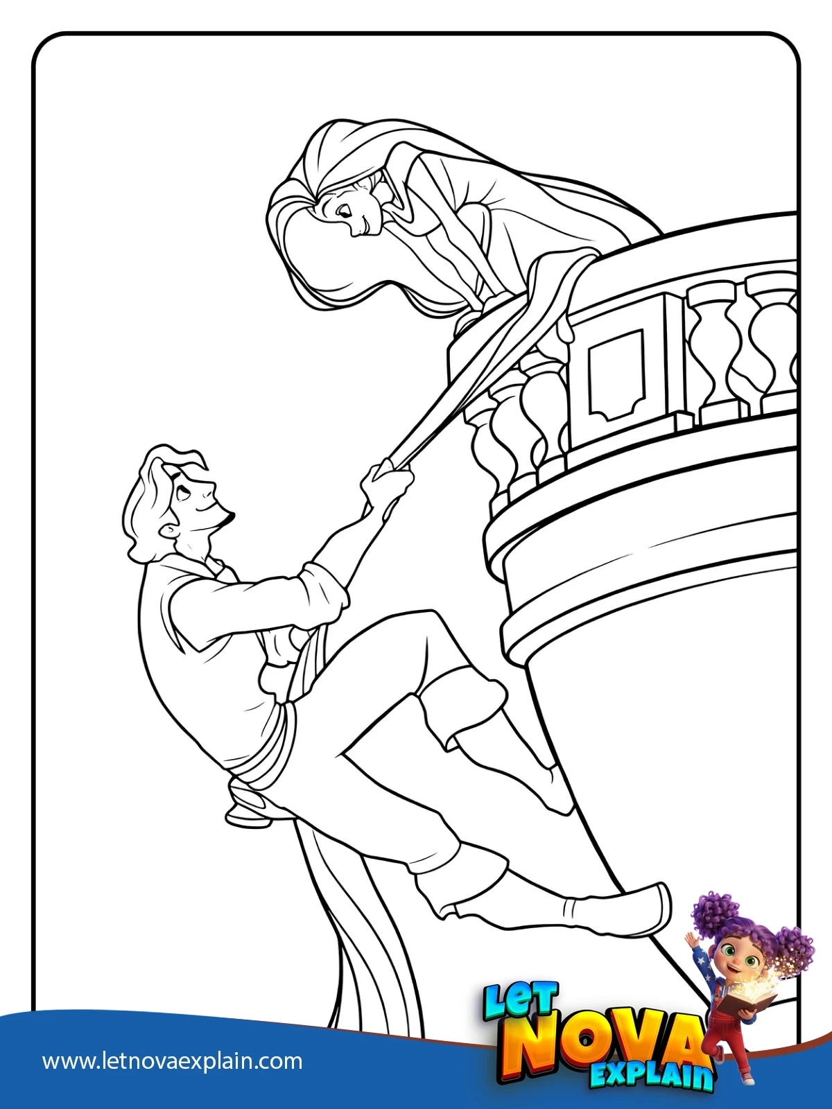 Flynn Climbing Rapunzels Tower coloring — PDF stampabile