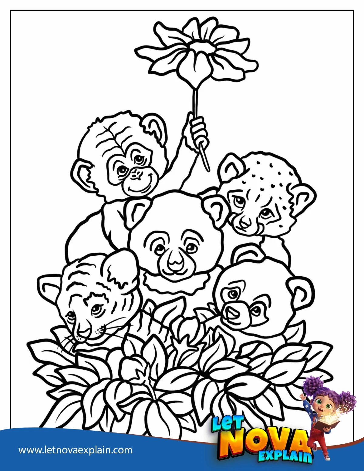 Baby Zoo Animals Monkey Tiger Bear Cheetah And Panda Coloring Page — Coloring page