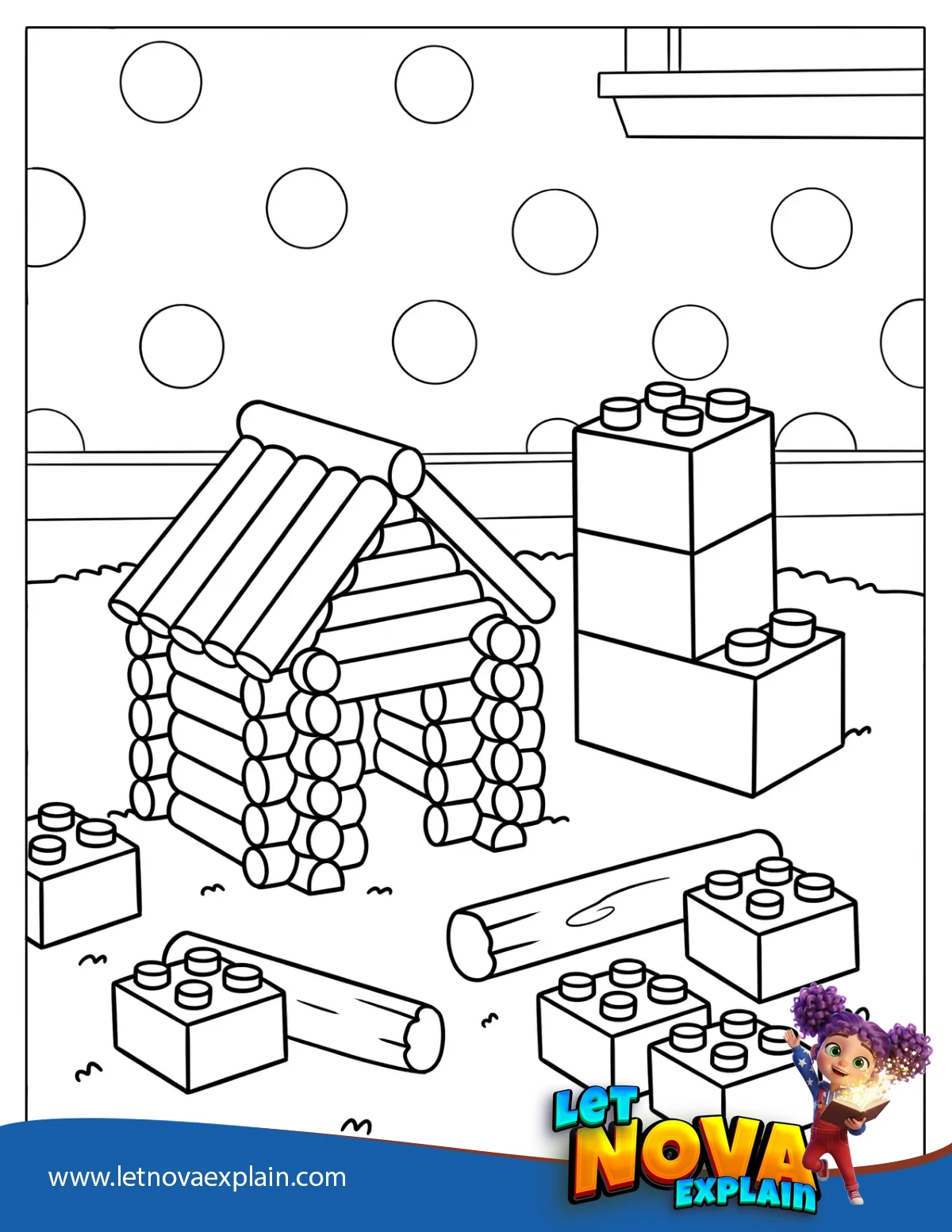Building Toy House with Blocks and Logs Coloring Page for Kids — Página para colorear