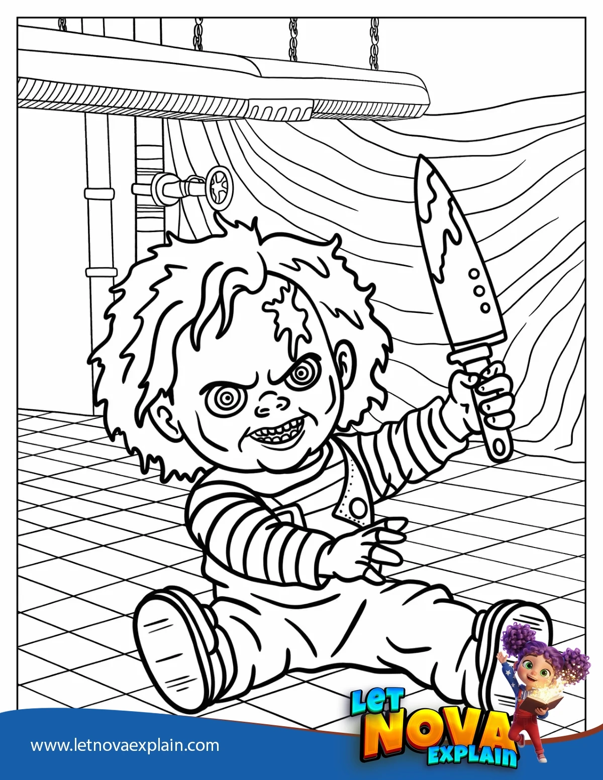 Chucky the Killer Doll with Bloody Knife Horror Coloring Page — Página para colorear