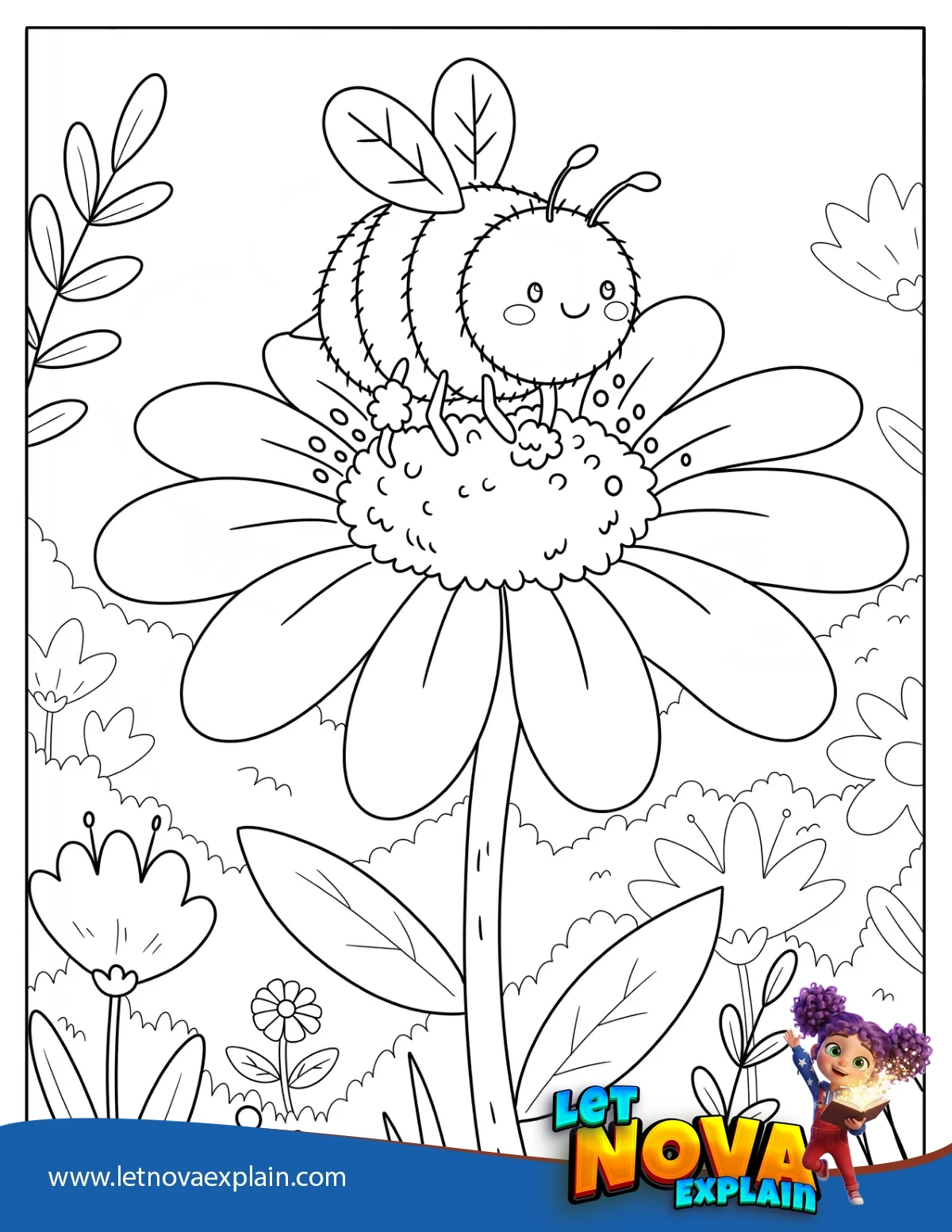 Bumblebee Sitting on a Daisy Flower Coloring Page for Kids — Printable PDF