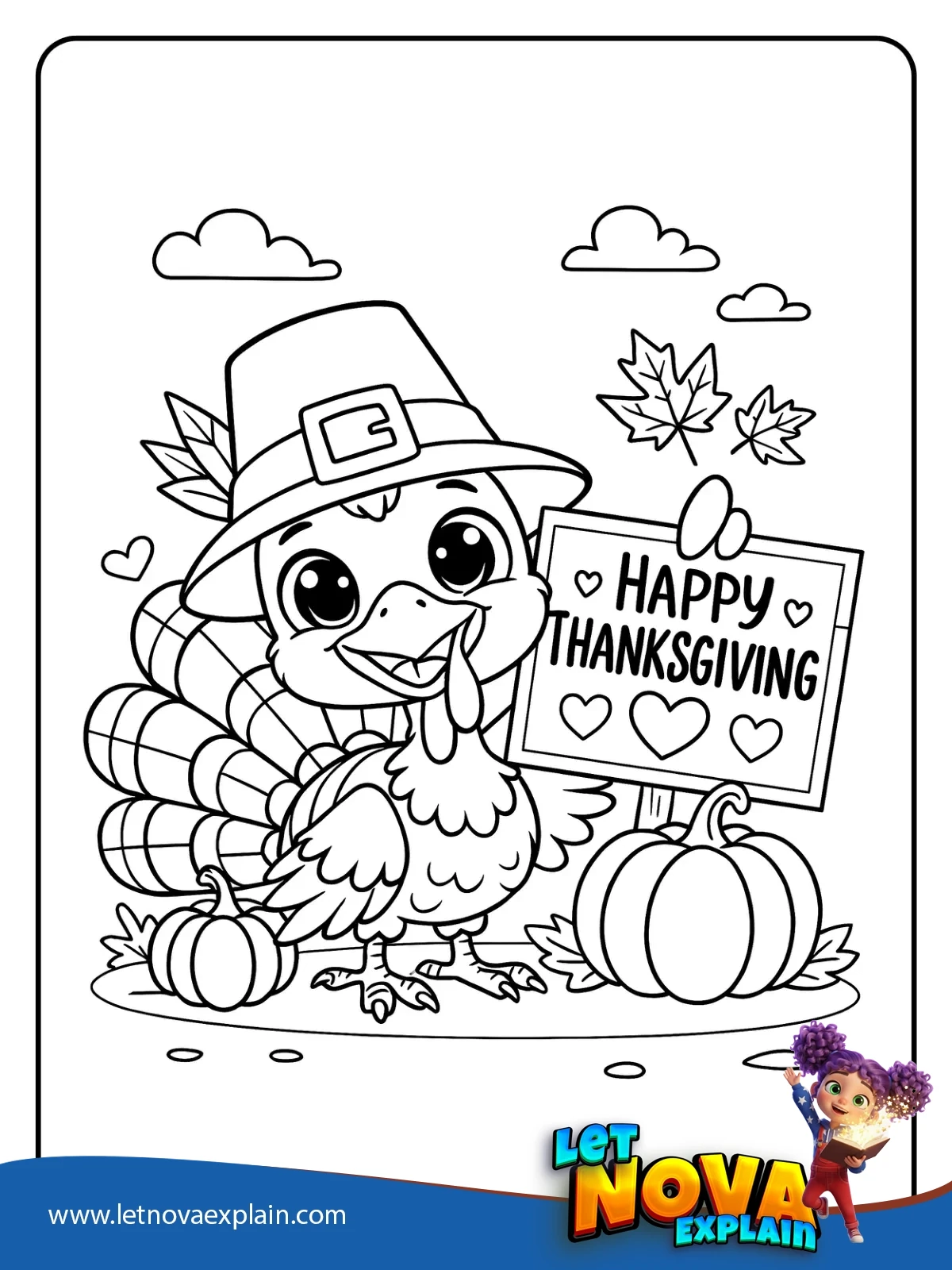 Cheerful Turkey with Autumn Sign coloring — PDF imprimable