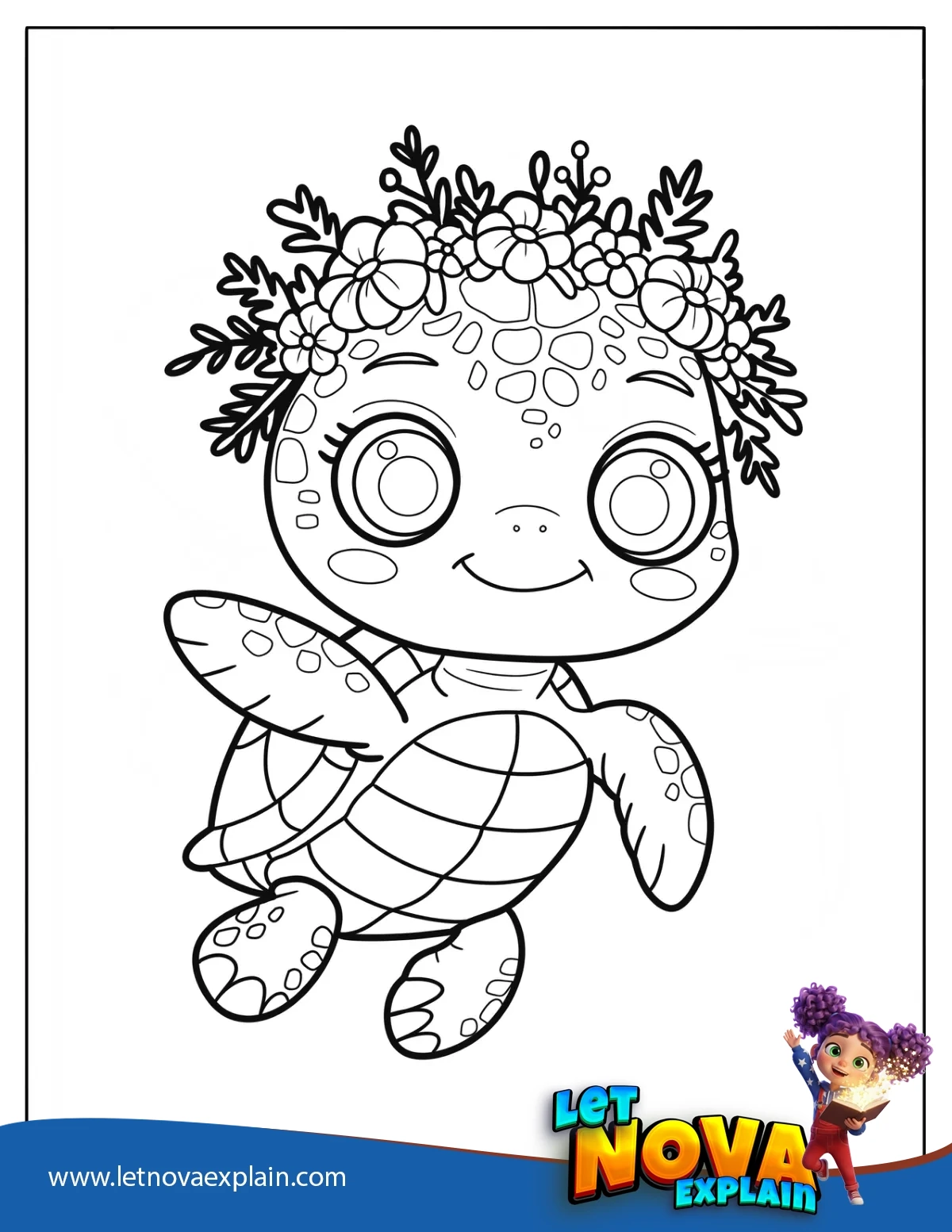 Chibi Turtle with Flower Crown Coloring Sheet for Preschoolers — Printable PDF