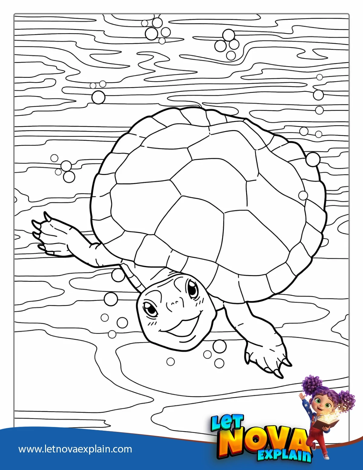 Cute Turtle Under Water Coloring Page — Disegno da colorare
