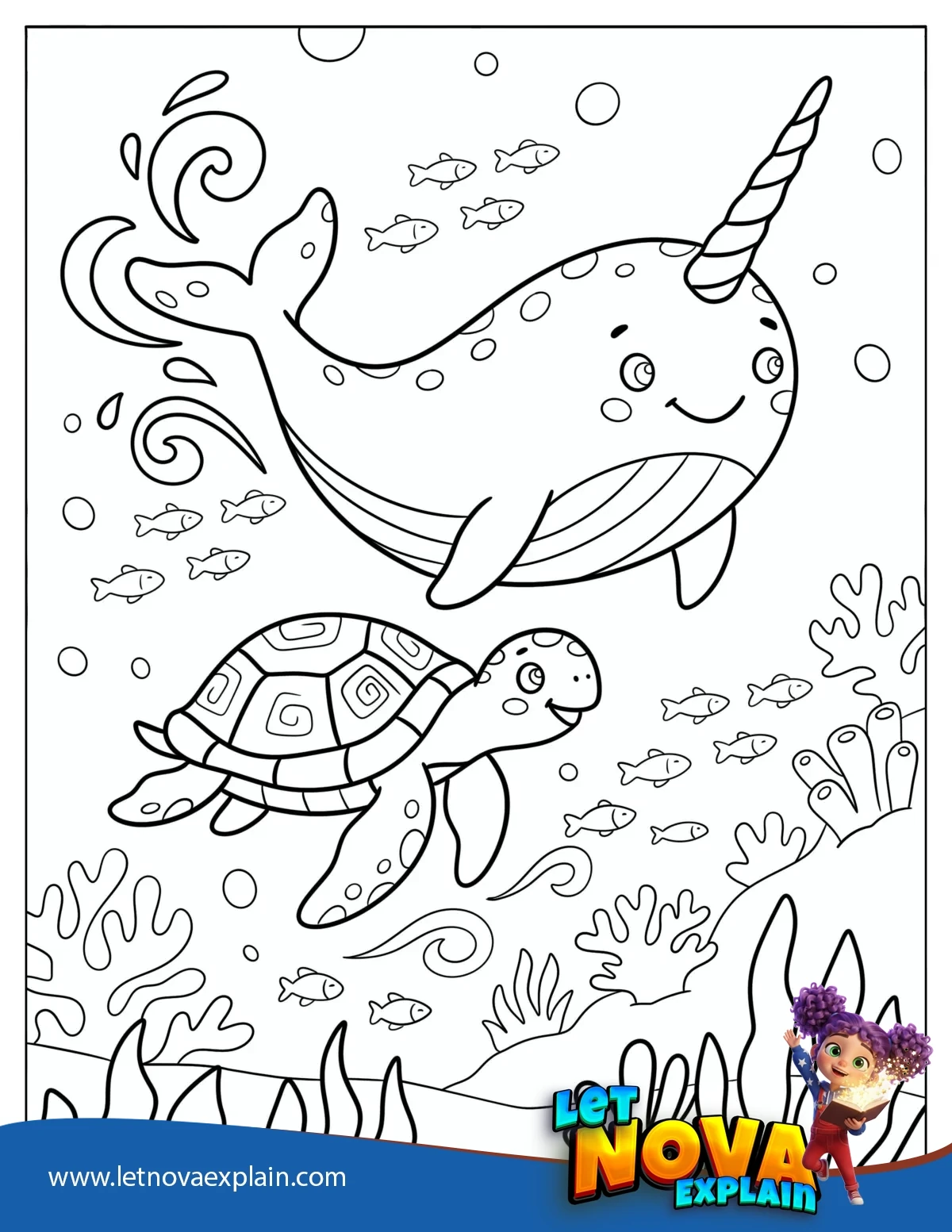Young Turtle Swimming with a Spotted Narwhal Coloring Page — Coloring page