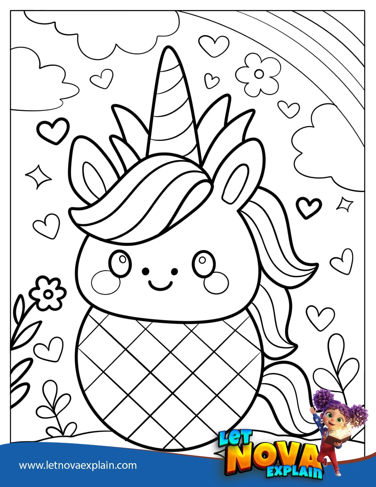 Adorable Pineapple Unicorn With Rainbow Coloring Page For Kids — Printable PDF