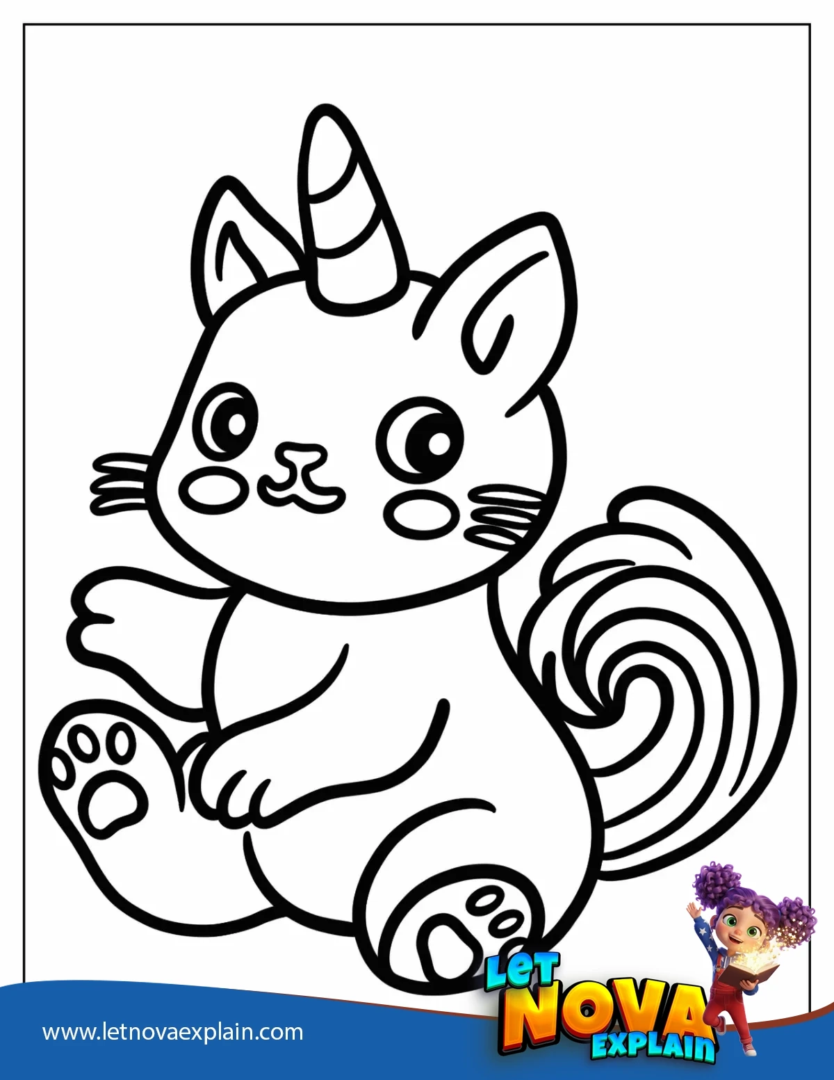 Adorable Unicorn Cat With Curly Tail Coloring Sheet For Kids — Printable PDF
