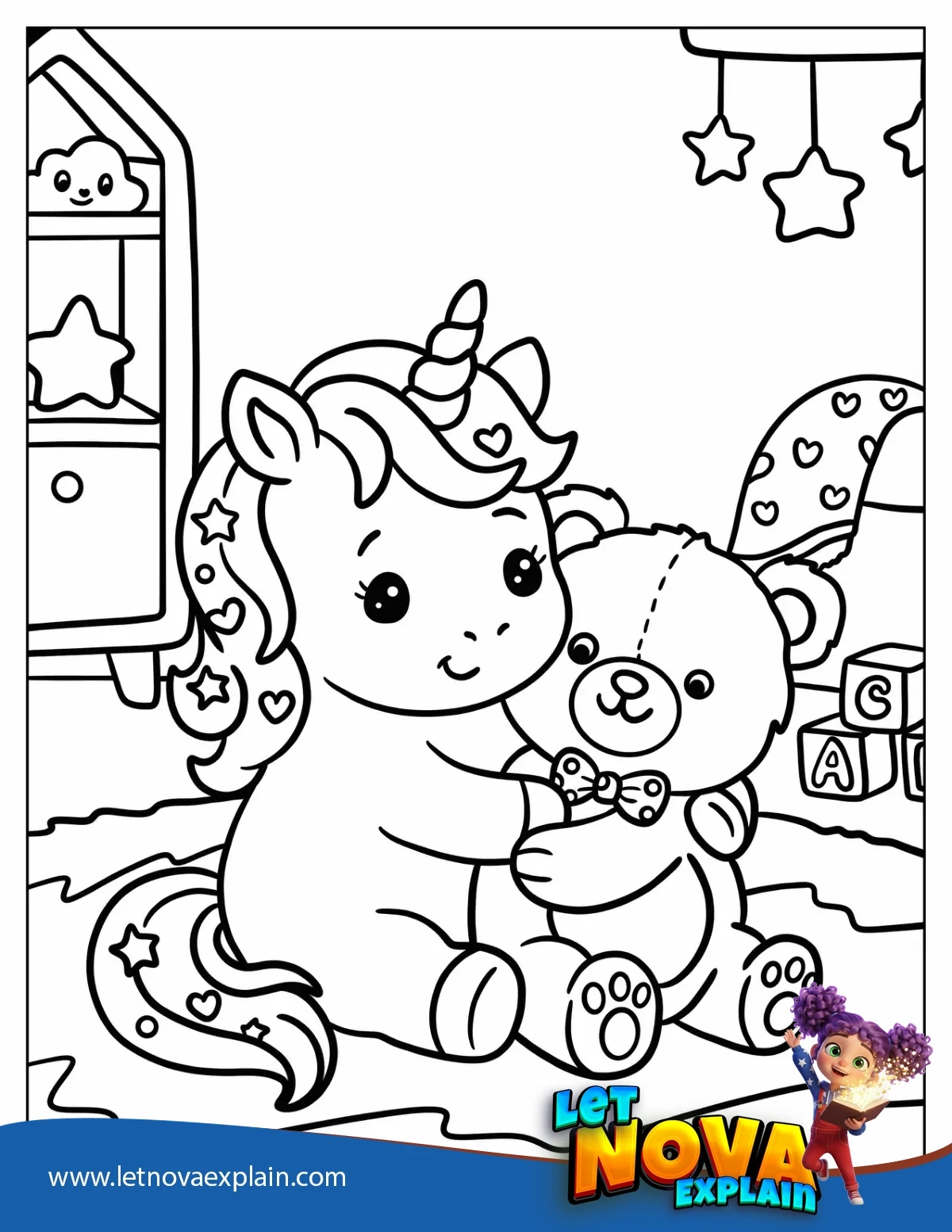 Baby Unicorn Hugging a Teddy Bear Coloring Page — Printable PDF
