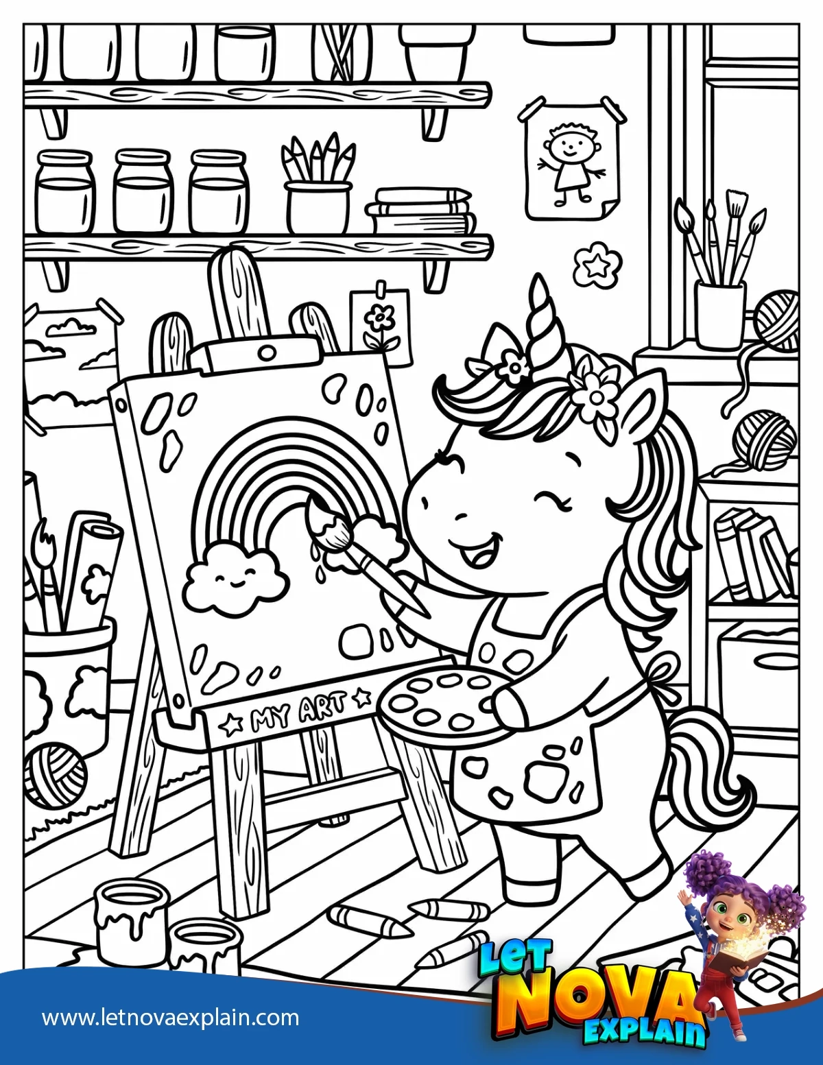 Baby Unicorn Painting a Rainbow on a Canvas Coloring Page for Kids — Printable PDF