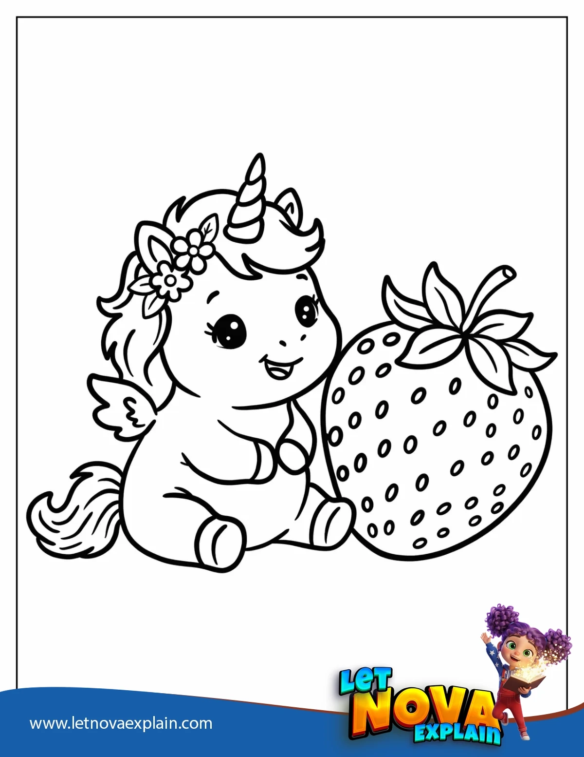 Baby Unicorn Sitting Beside a Strawberry Coloring Page for Preschoolers — Printable PDF