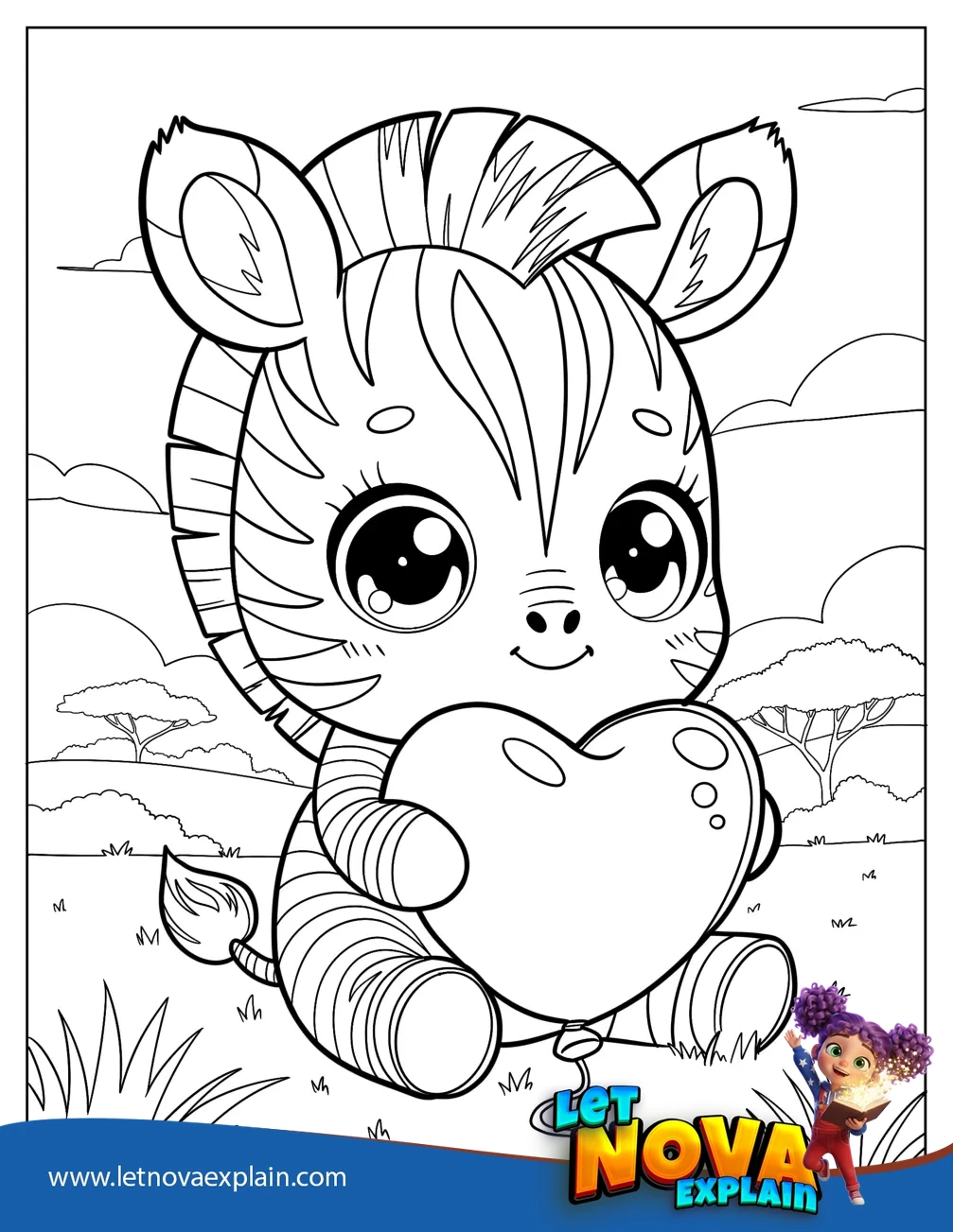 Adorable Little Zebra Hugging a Love Heart Balloon Coloring Page for Kids — PDF stampabile