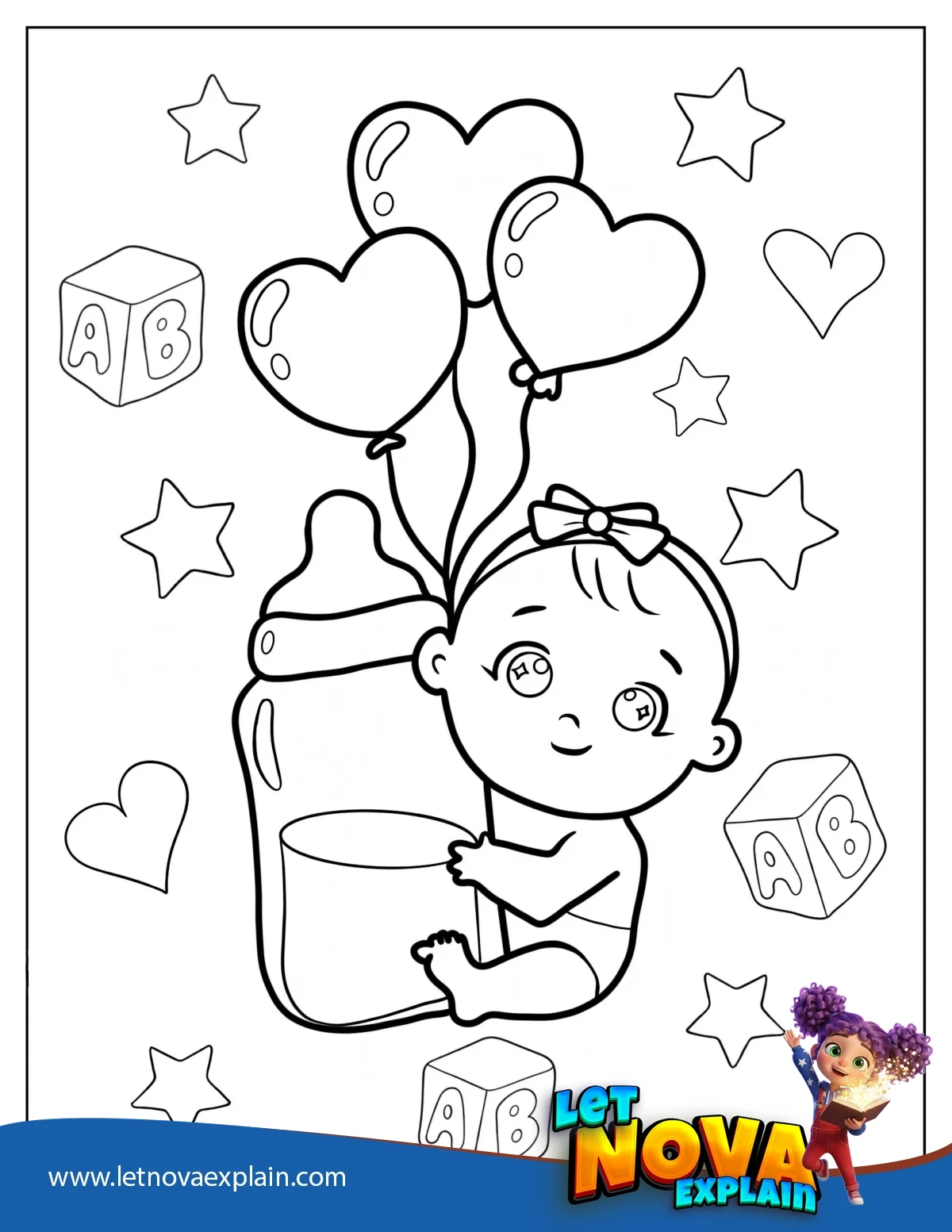 Baby Hugging Milk Bottle With Heart Balloons — PDF stampabile
